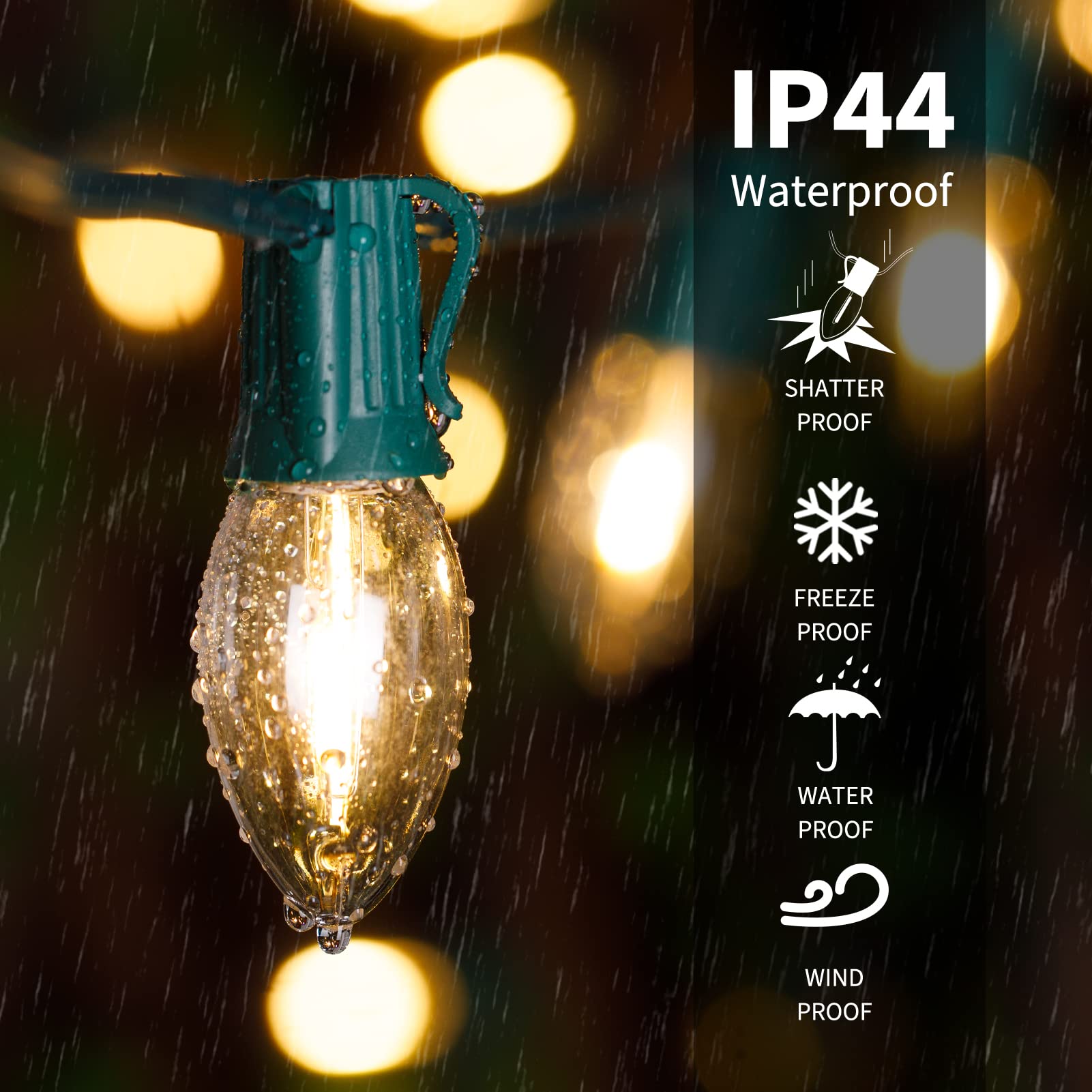 Minetom C9 LED Christmas String Lights, 50 FT Warm White, Plastic, Outdoor/Indoor, Model GYPI-O50LAU, Green Wire