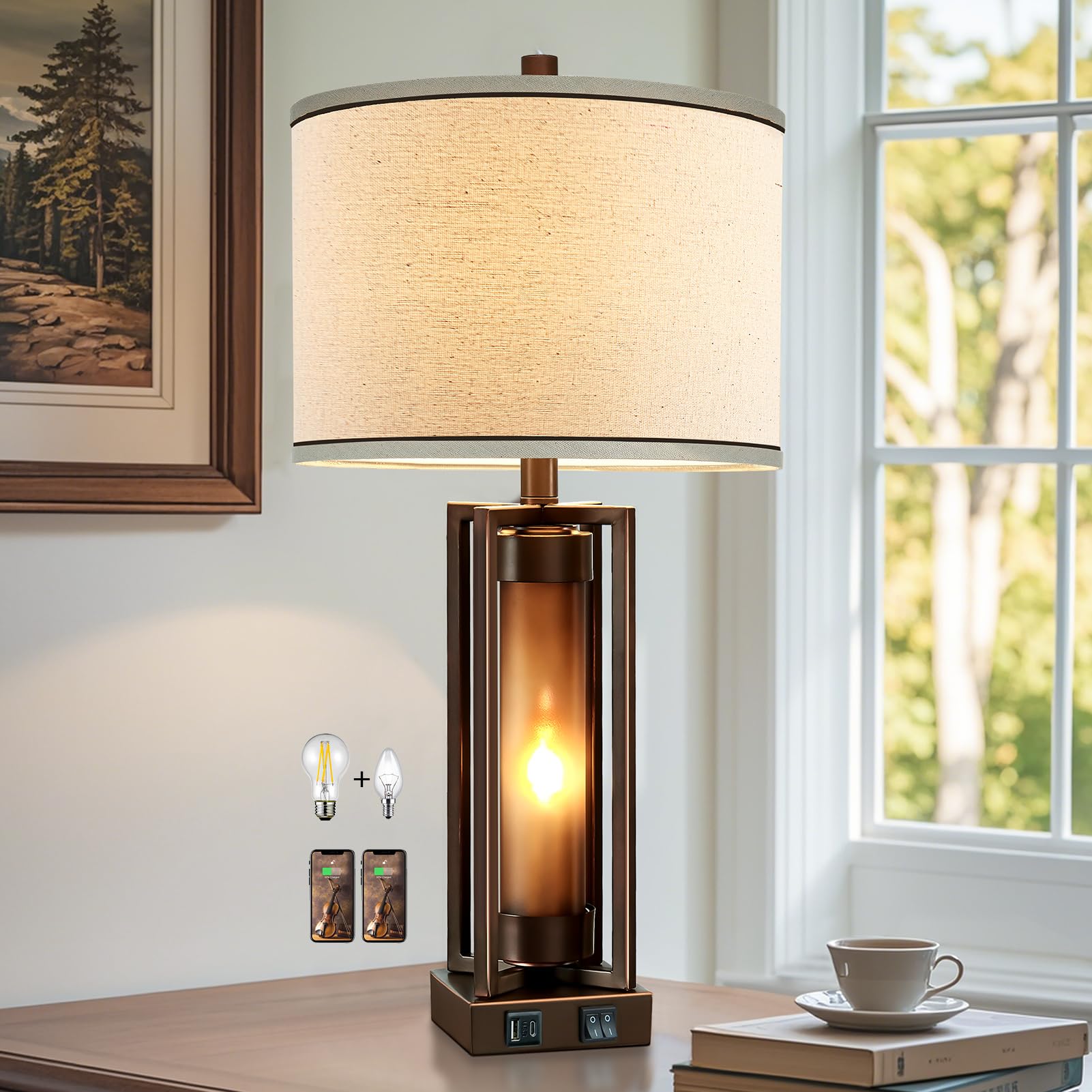 Roriano Rustic Table Lamps For Living Room With Usb C+A Ports, Farmhouse Vintage Nightstand Lamp With Amber Acrylic Night Light,