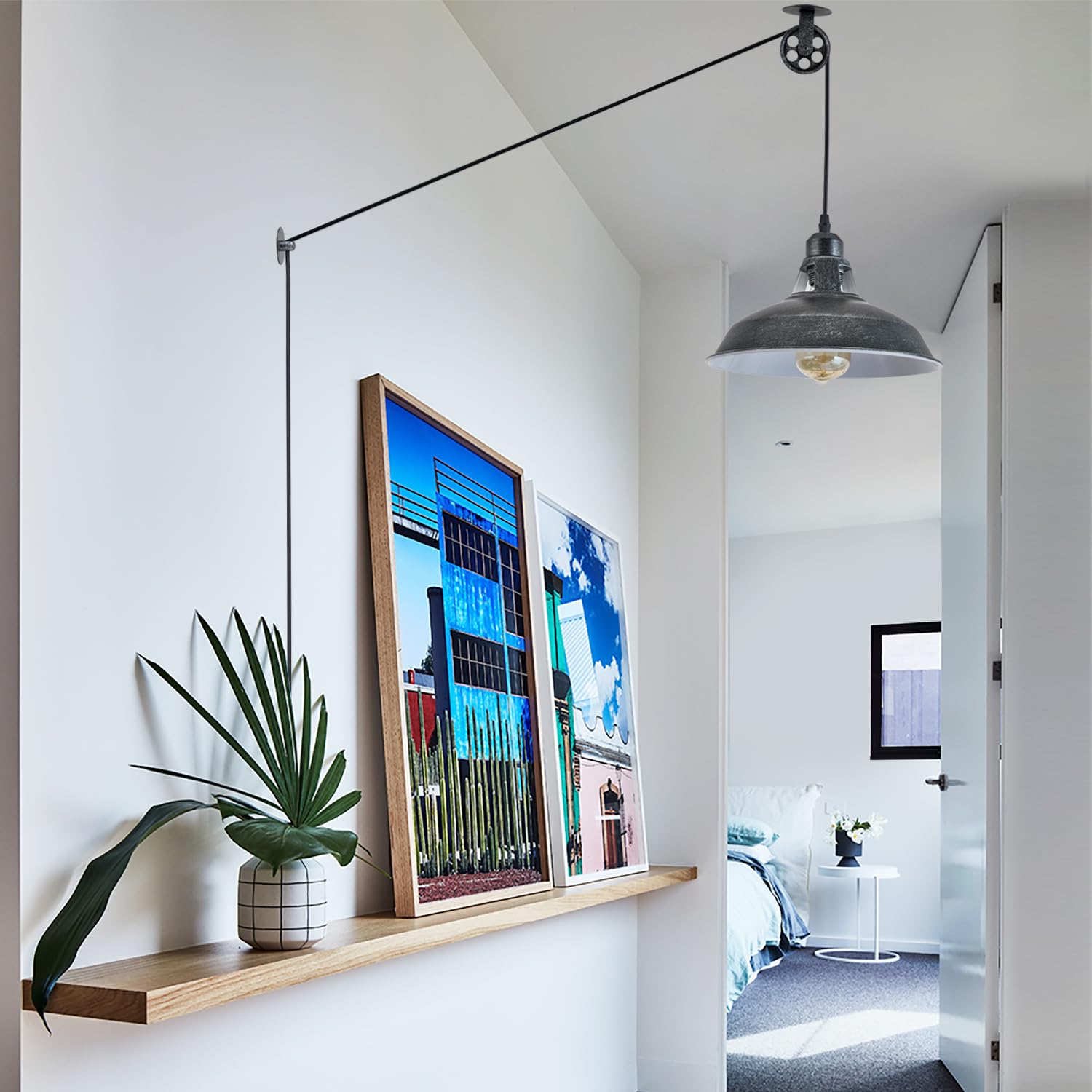 Plug In Pendant Light With Switch,Vintage Industrial Design,16.4Ft Cord,Adjustable Pulley,Easy Install,Ideal For Living Room,Poo