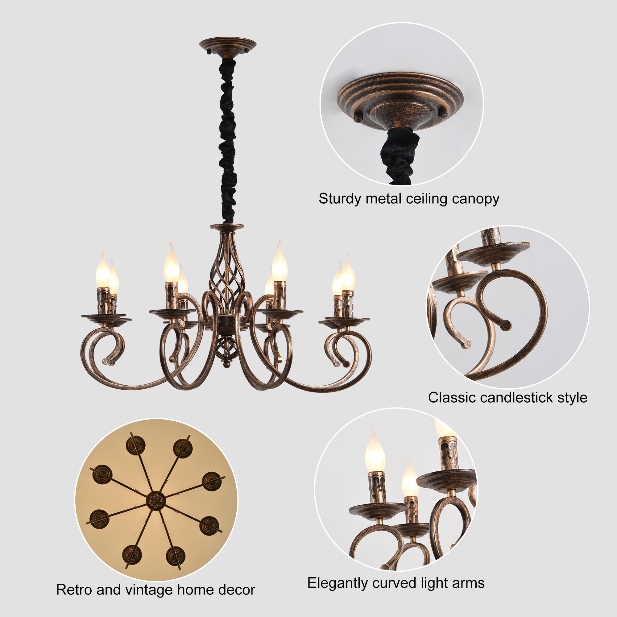 Ganeed Rustic 8-Light Candle Chandelier, Vintage Metal Pendant Light Fixture in Bronze for Farmhouse, Kitchen, Dining Room, Bedroom