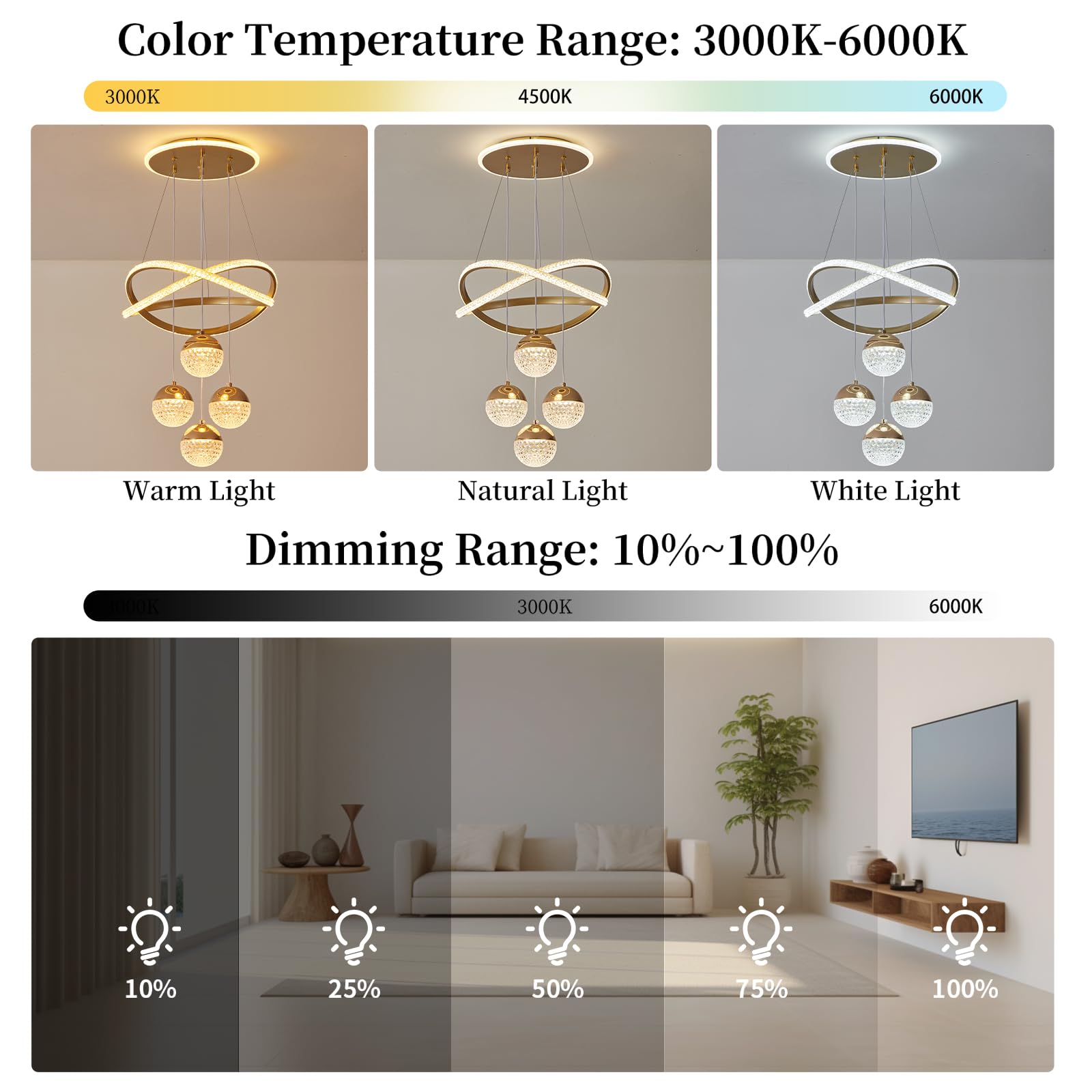 BCGMYLN Modern Gold LED Chandelier, Dimmable Pendant Light for Dining Room, Adjustable, Aluminum, Model WY-PL LIGHT