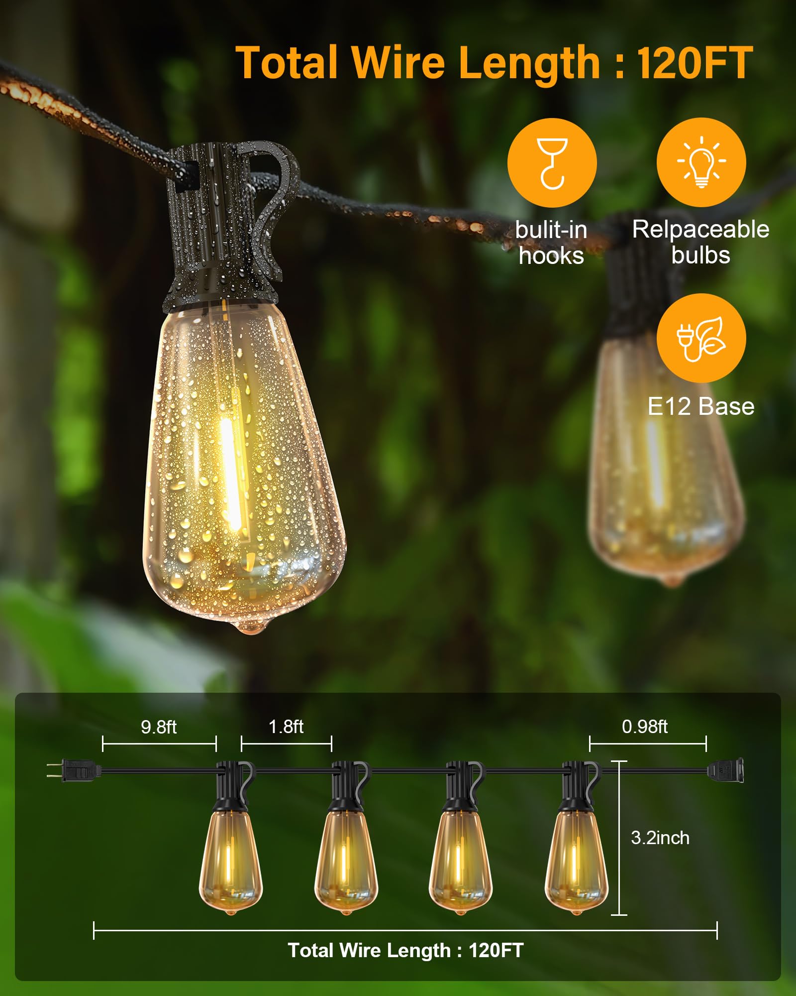 Doukedge 120 Ft Led Outdoor String Lights, 2700K Led Patio Lights With 60+3 Shatterproof Vintage Bulbs, Hanging String Lights Waterproof Outside For Porch, Backyard, Garden, Gazebo