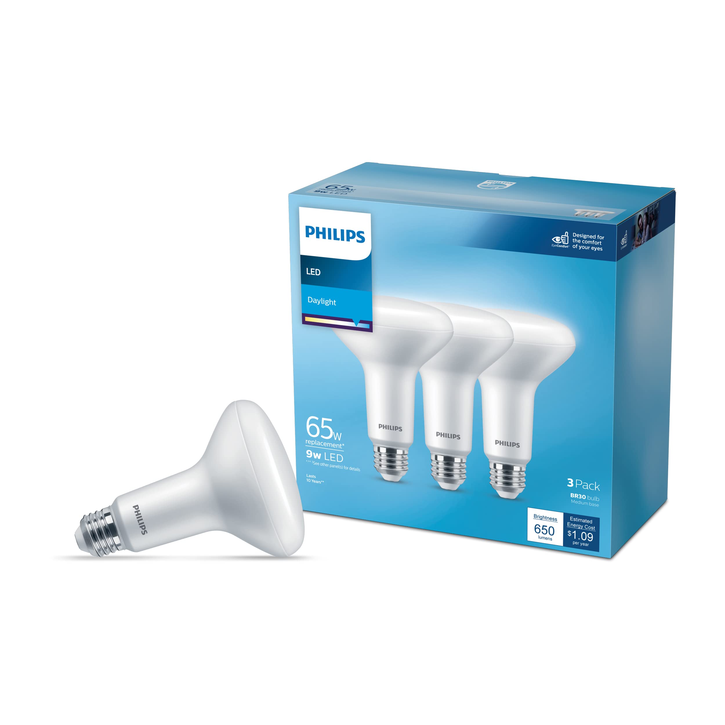 Philips LED BR30 Light Bulb 9W (65W Equivalent) Dimmable Daylight 5000K E26 Base 3-Pack