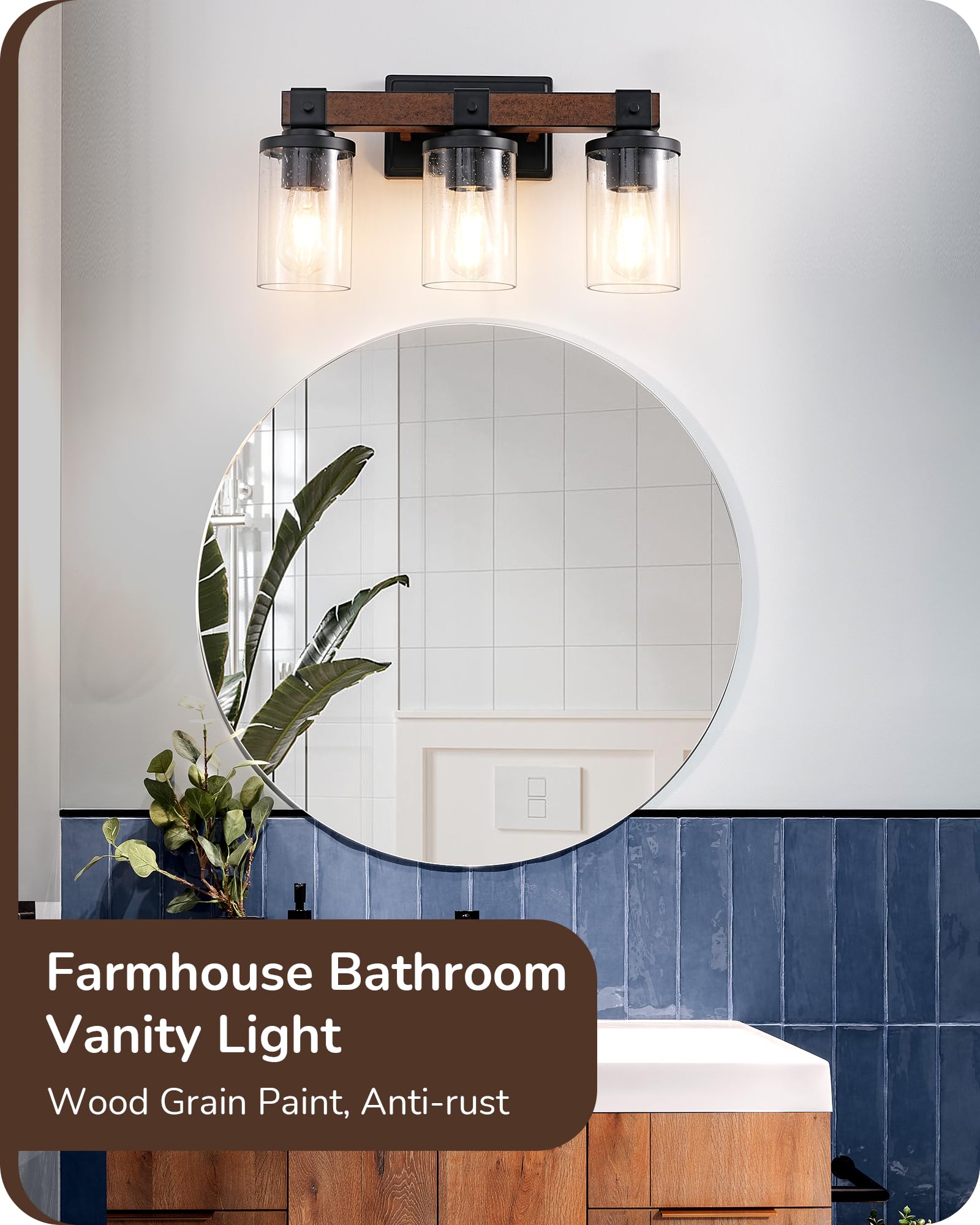 EDISHINE 3-Light Farmhouse Vanity Light Fixture, Dark Wood Bubble Glass Shade, Model HHVL02G