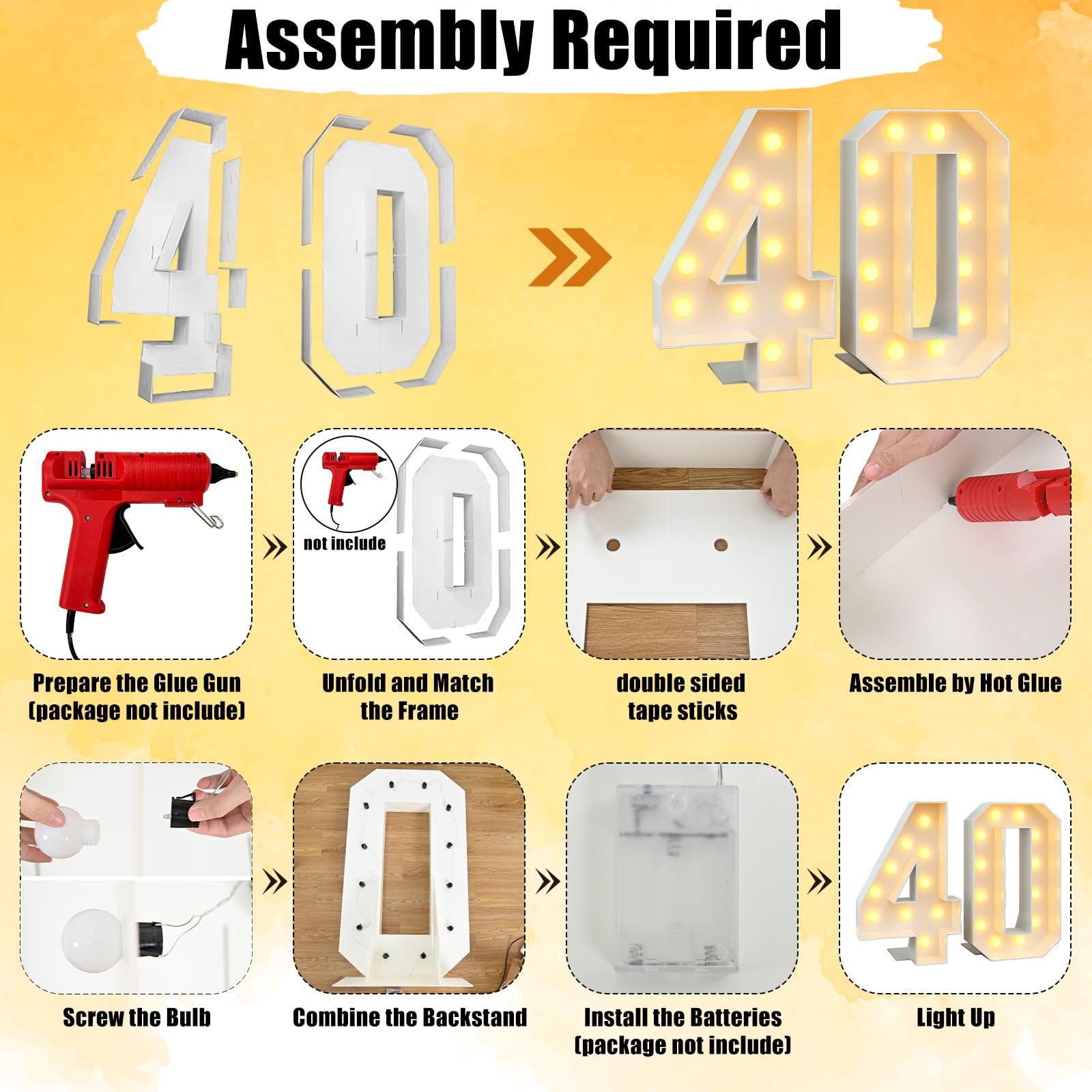 4Ft Light Up Numbers 40 Large Numbers With Lights Bulbs White Marquee Frame For Men Women 40Th Birthday Party Decorations Anniversary Pre-Cut Mosaic Cardboard Giant Cut-Out Thick Foam Board Sign