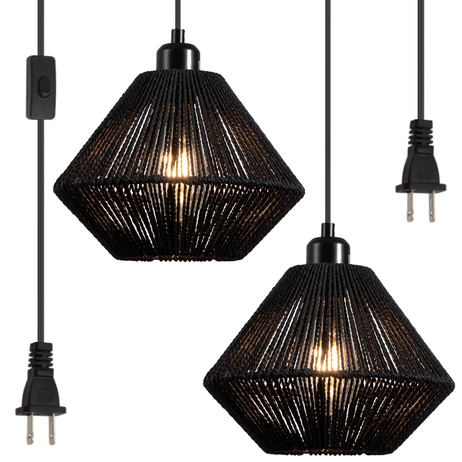 YongMing CL 2 Pack Woven Plug in Pendant Light Fixture Black, 9.65 Rustic Farmhouse Pendant Hanging Light with Plug in Cord & On