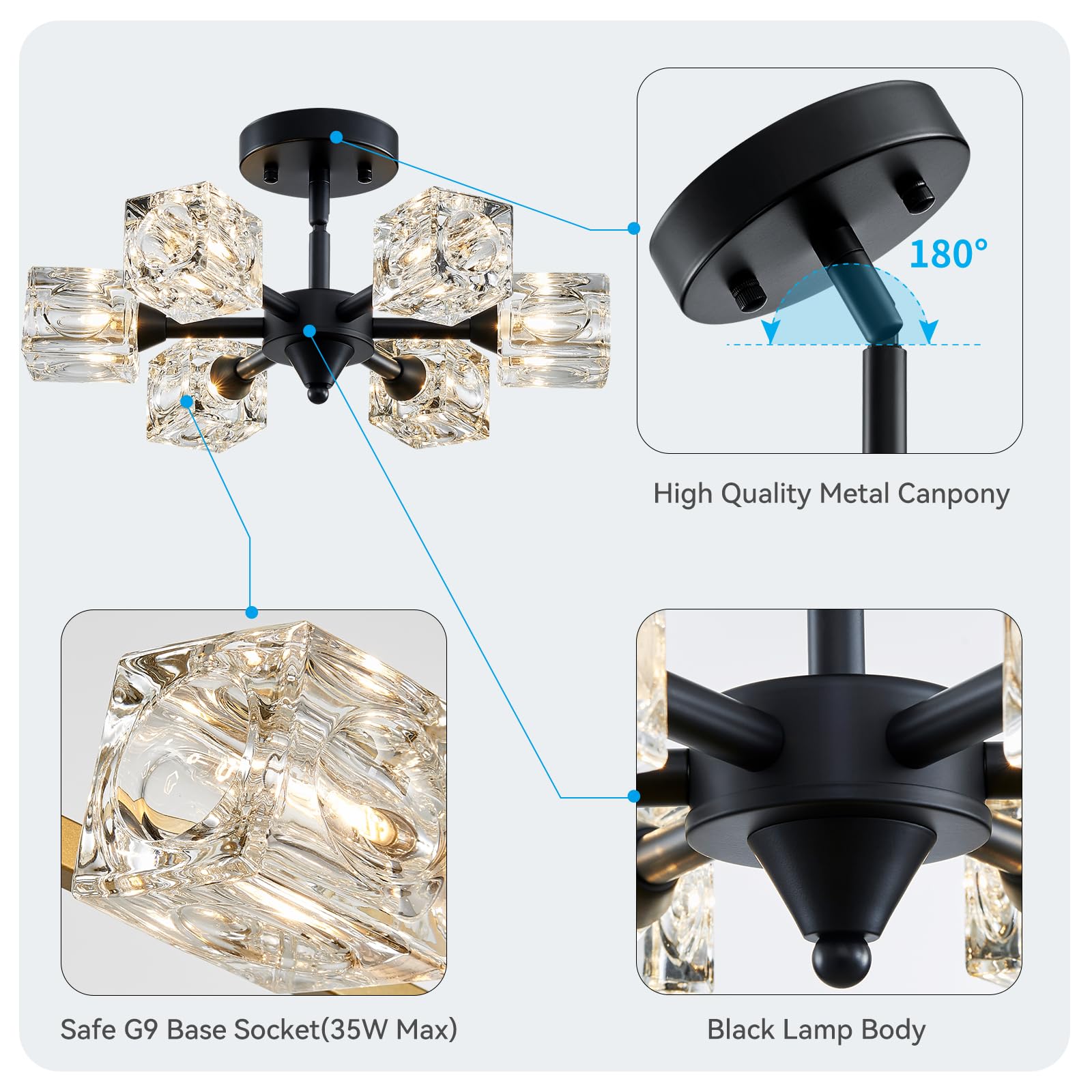 Xingqi Modern Sputnik Chandelier 6-Lights Black Ceiling Light Fixture Small Farmhouse Semi Flush Mount Ceiling Light Glass Indus