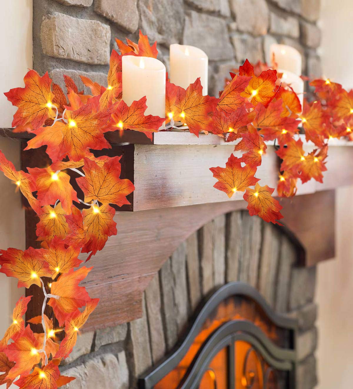 2 Pack Thanksgiving Decor Fall Garland String Lights With Timer And Remote, 100 Led 32.8Ft Lighted Autumn Leaves Garlands Decor, 8 Models, Battery Operated Fall Lights For Home Party Indoor Mantle