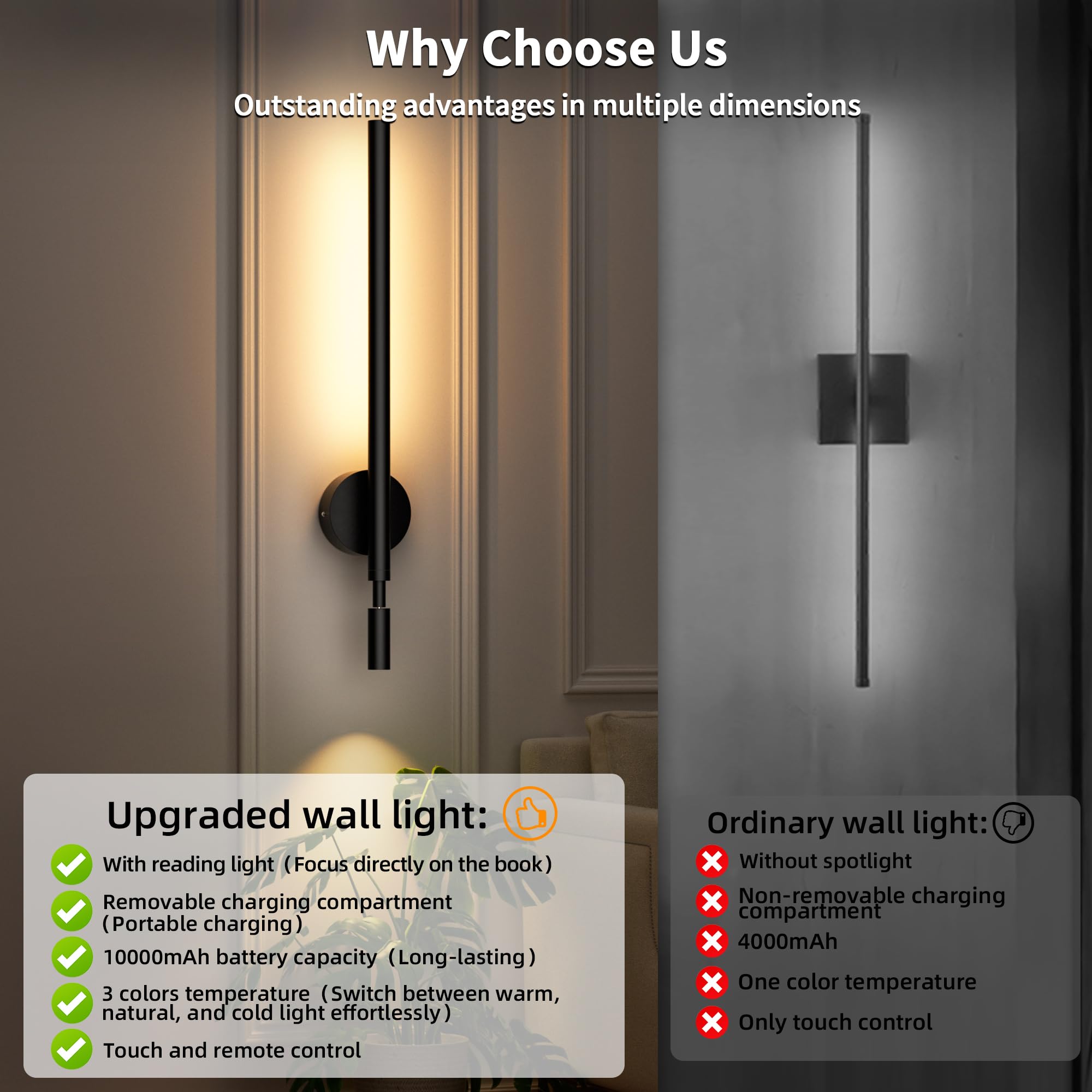 BUTHY Battery Operated Wall Sconces Set of 2, Rechargeable LED, 32in-2Pack with Spotlight, 3 Color Temperature, Metal, Model DX0028