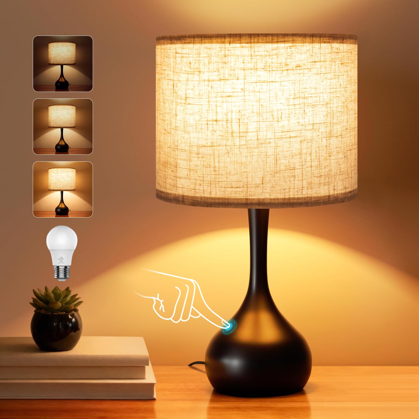 ONEWISH Touch Bedside Lamp for Bedroom, 3-Way Dimmable Table Lamps for Nightstand with Cylindrical Fabric Shade, Desk Lamp for L