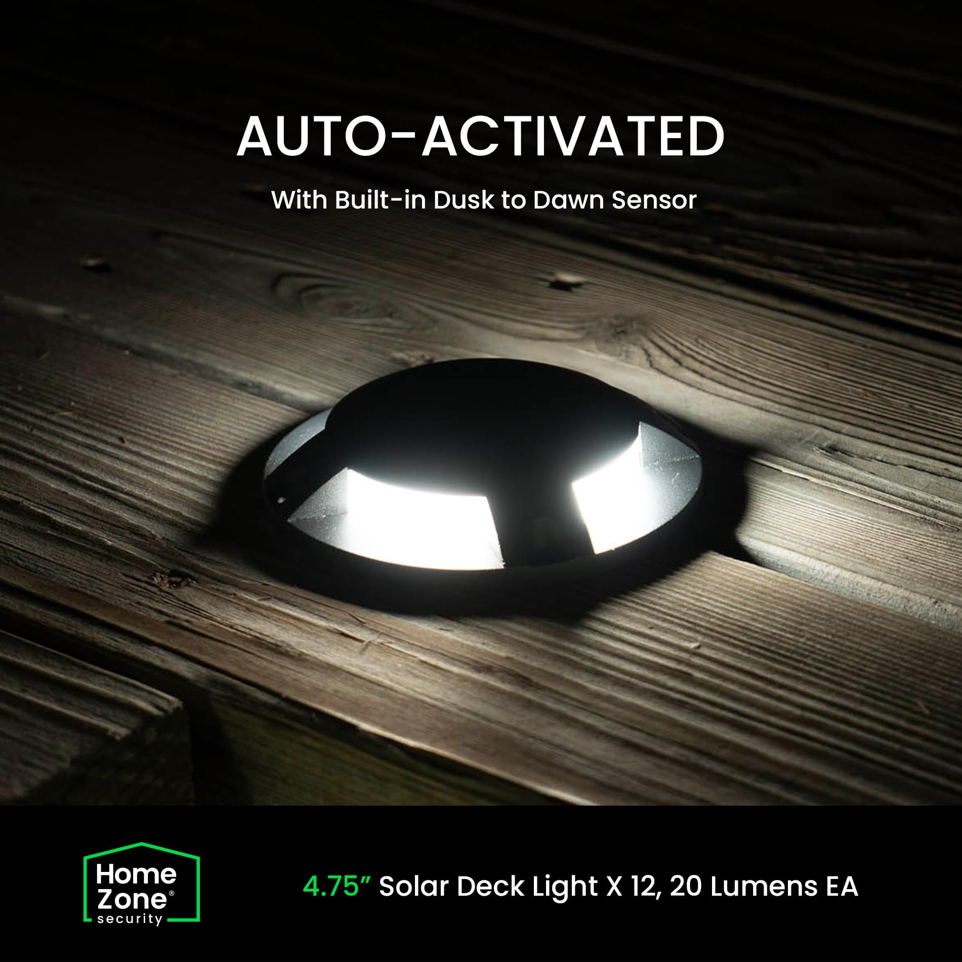 Home Zone Outdoor Solar Deck Light, 20 Lumens, Waterproof, Black, Aluminum Plastic Case, Model ELJ7965V