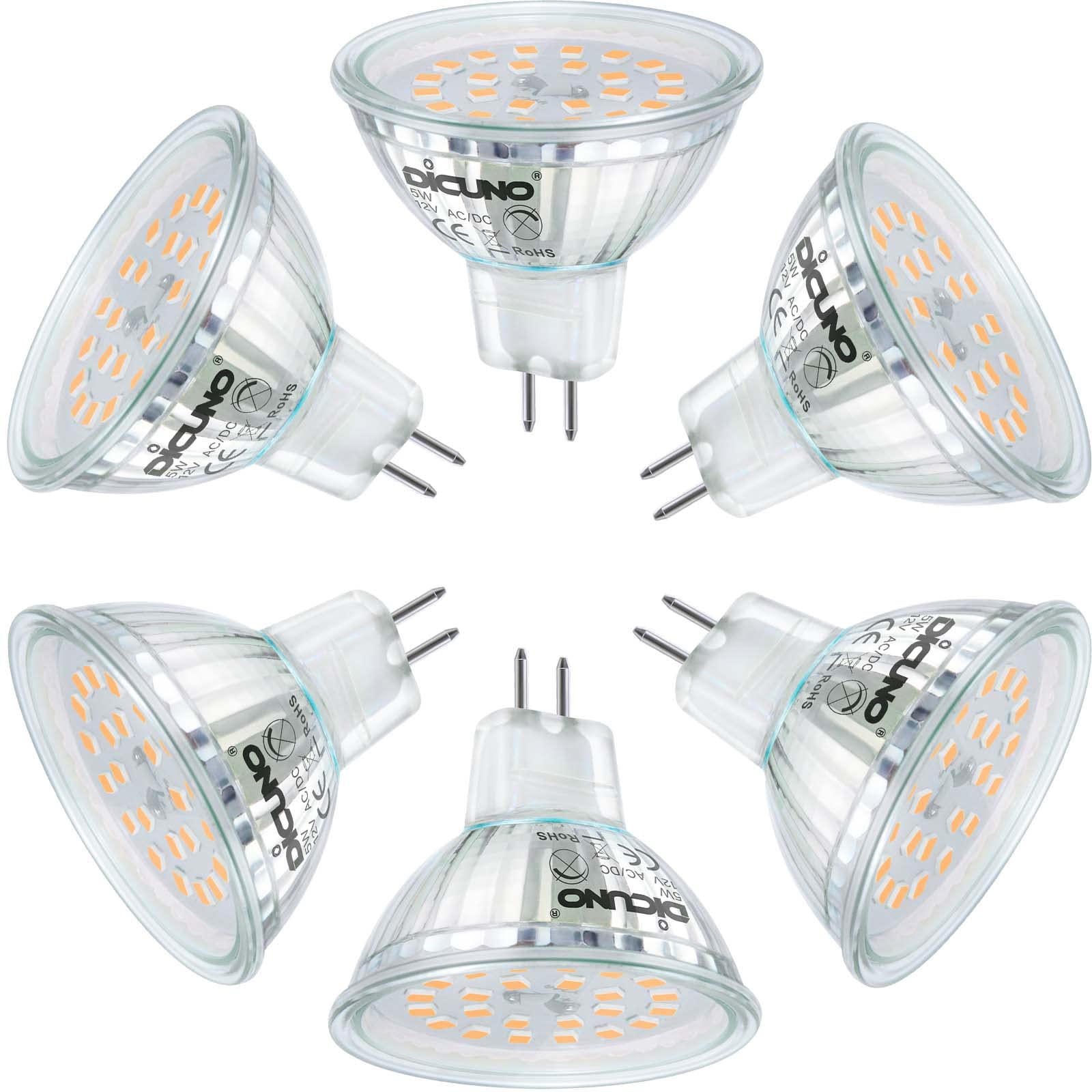 DiCUNO GU5.3 LED Bulb, 12V MR16 Spotlight, 500LM, 5W, Warm White 2700K, 6 Count, Glass