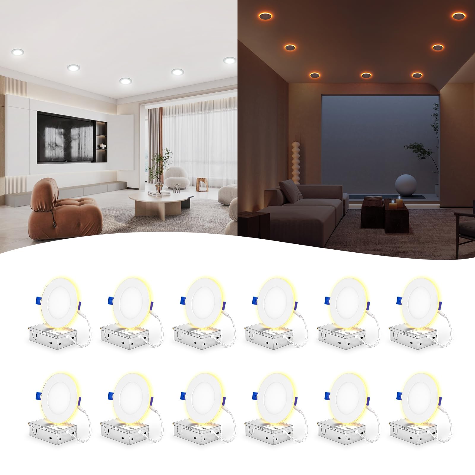Comiled 12 Pack 4 Inch LED Recessed Ceiling Lights with Night Light, Dimmable, 2700K-5000K 5 CCT Selectable, Canless Wafer Downl