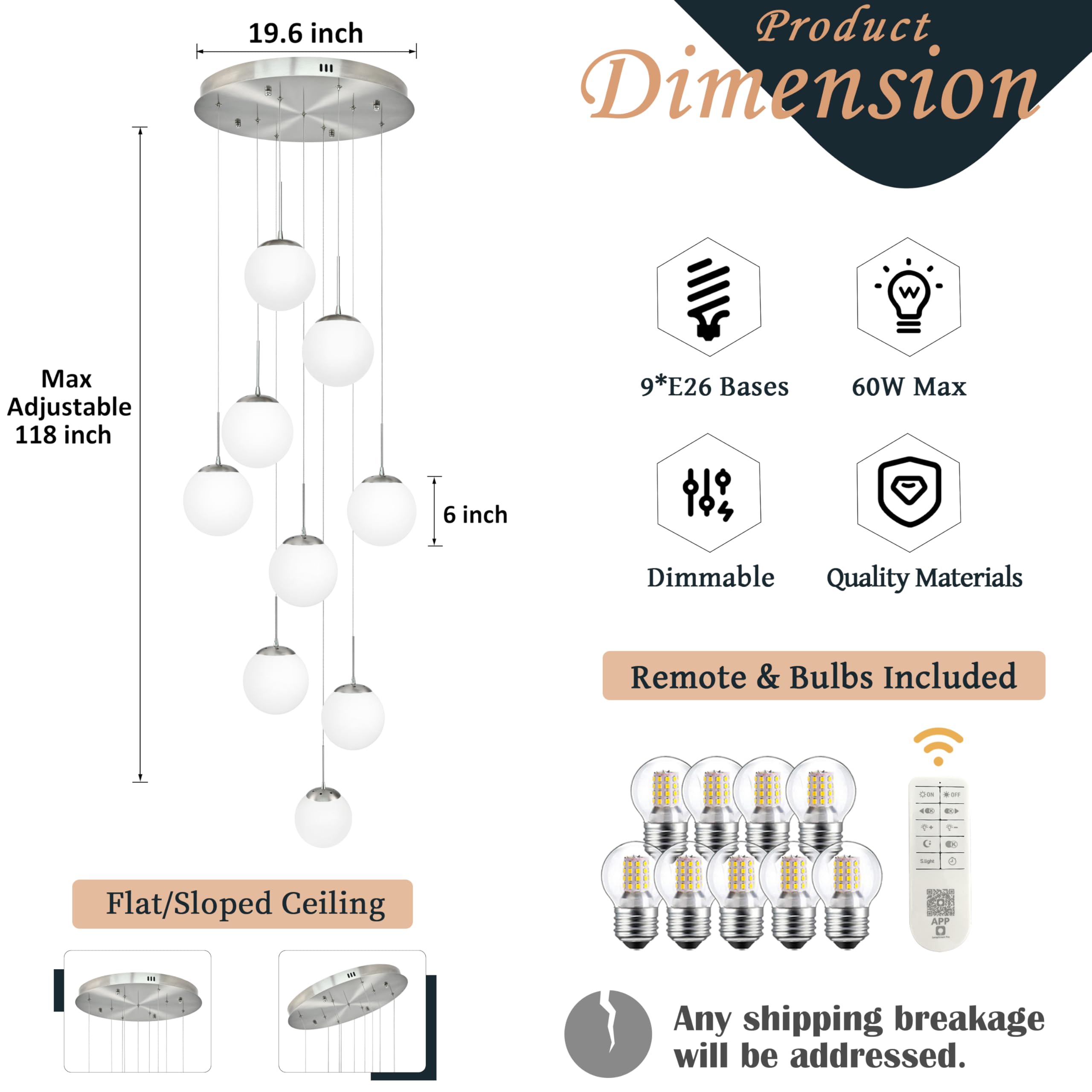 Koko&Yukina 9-Light Globe Milky White Glass Pendant Light Adjustable Length Pendant Lights Modern Glass Globe Pendant Lights Nic