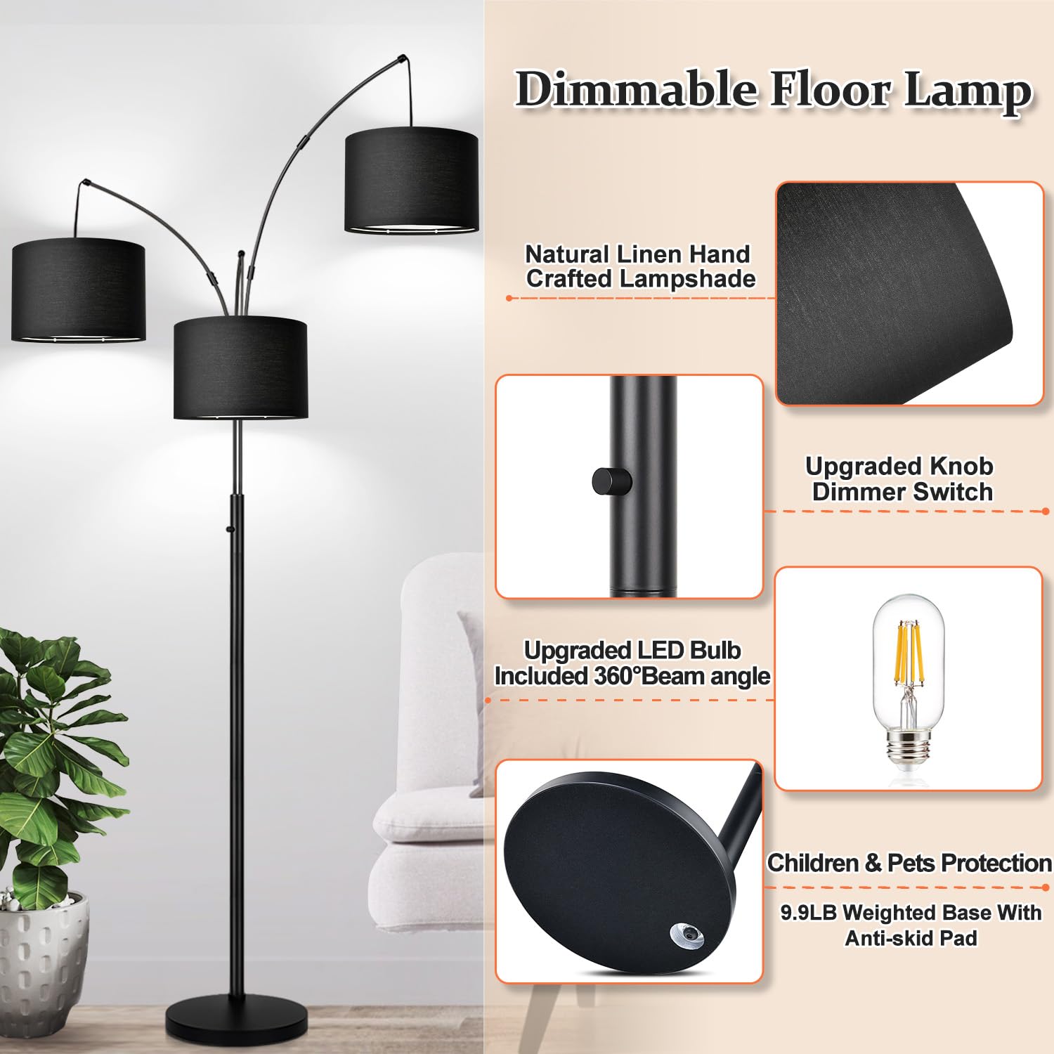 Dimmable Floor Lamp - 3 Lights Arc Floor Lamps For Living Room, 1000Lm Modern Tall Standing Lamp With Black Shades & Heavy Base,