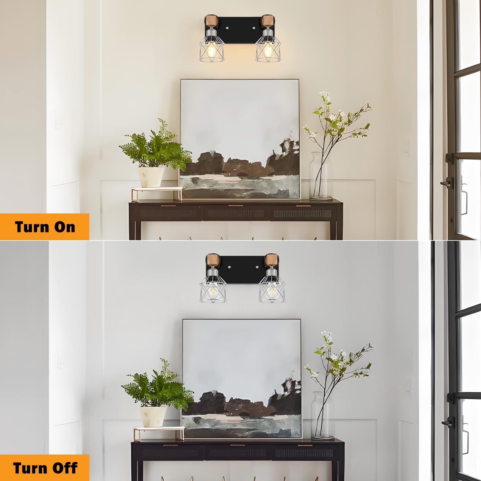 FadimiKoo Rustic 2-Light Bathroom Vanity Fixtures, Black & Silver Metal Shade, Wood & Metal, Model BS-XLZ-2 Lights