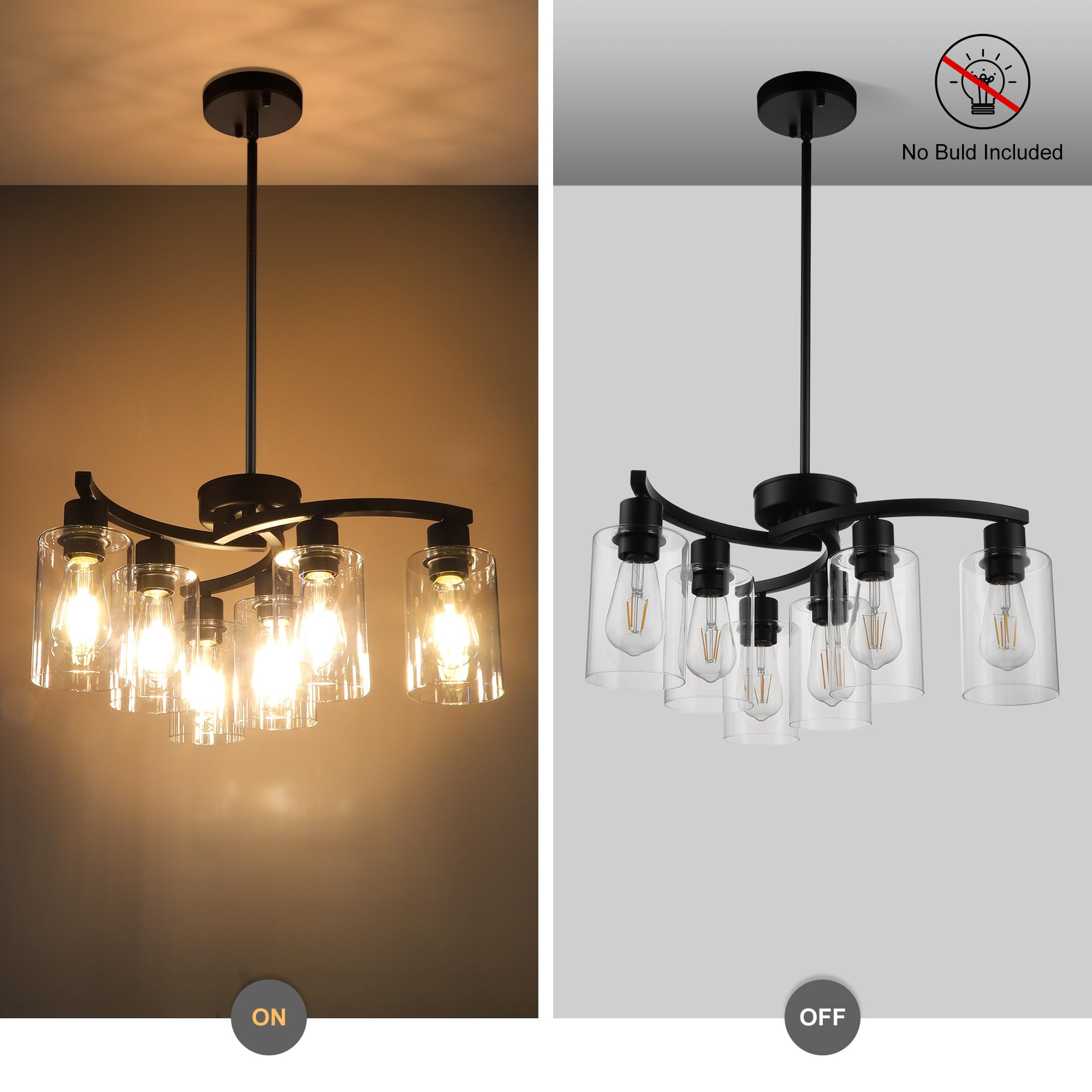 CNRATYE 6-Light Black Chandelier, Modern Farmhouse Pendant with Glass Shade, Adjustable Height for Dining Room and Kitchen Island