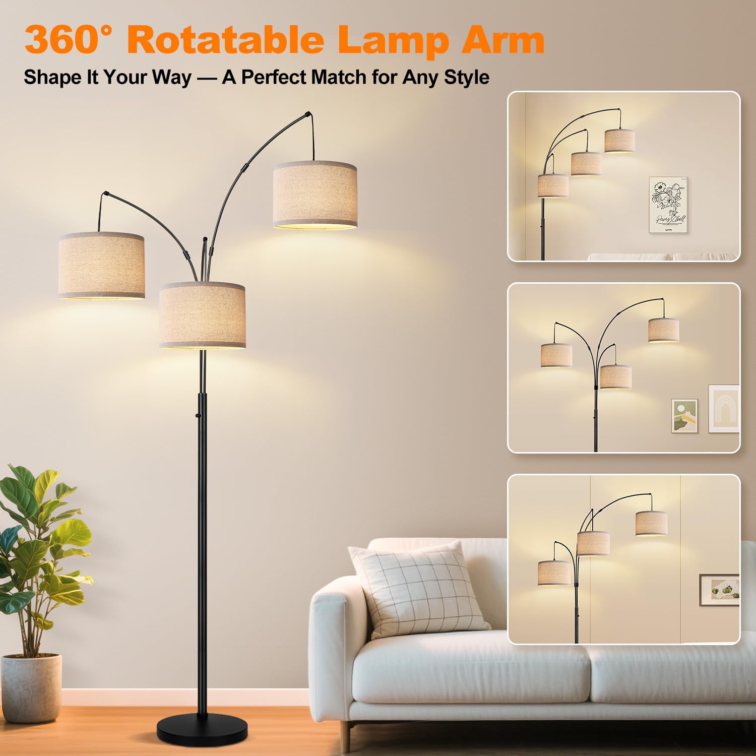 Nintiue Dimmable Floor Lamp - 3 Lights Arc, Matte Black with Beige Linen Shades, Model F1378, Includes 3 LED Bulbs
