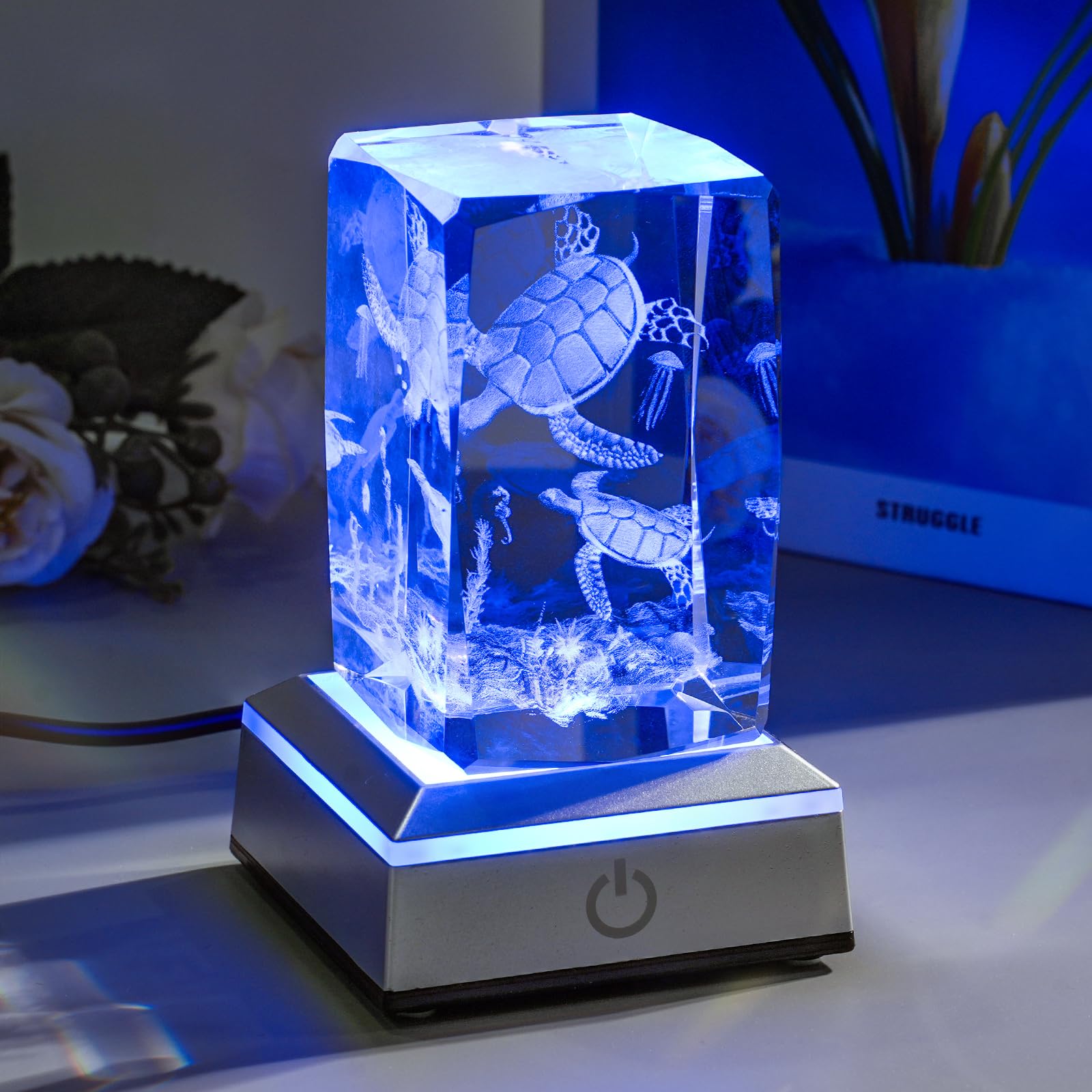 Eicxjui 3D Crystal Night Light With Multicolor Led Base Glass Laser Engraved Sea Turtle Figurines Lamp Gifts For Boys Girls Love