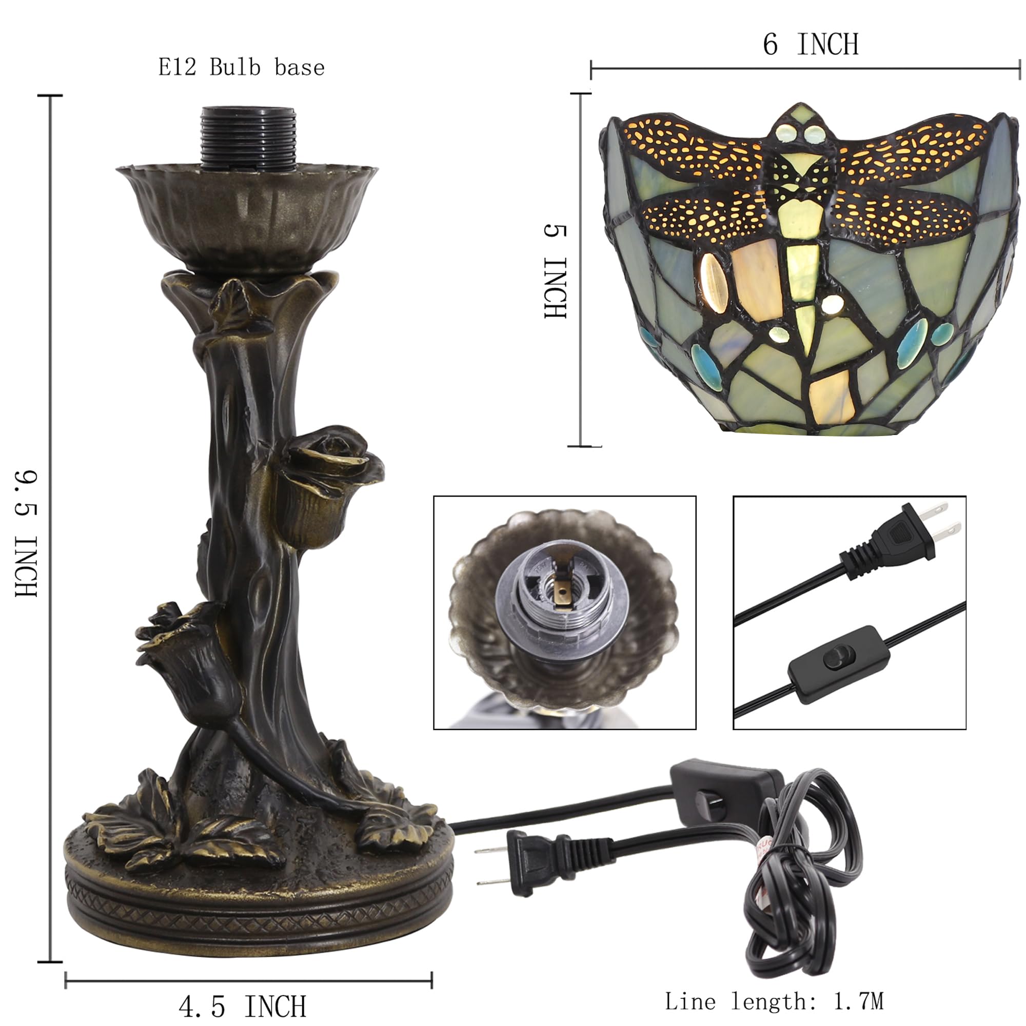 Avivadirect Small Tiffany Lamp Mini Stained Glass Table Lamp Blue Dragonfly Accent Desk Uplight W6 H13.5 Inch Bronze Resin Base
