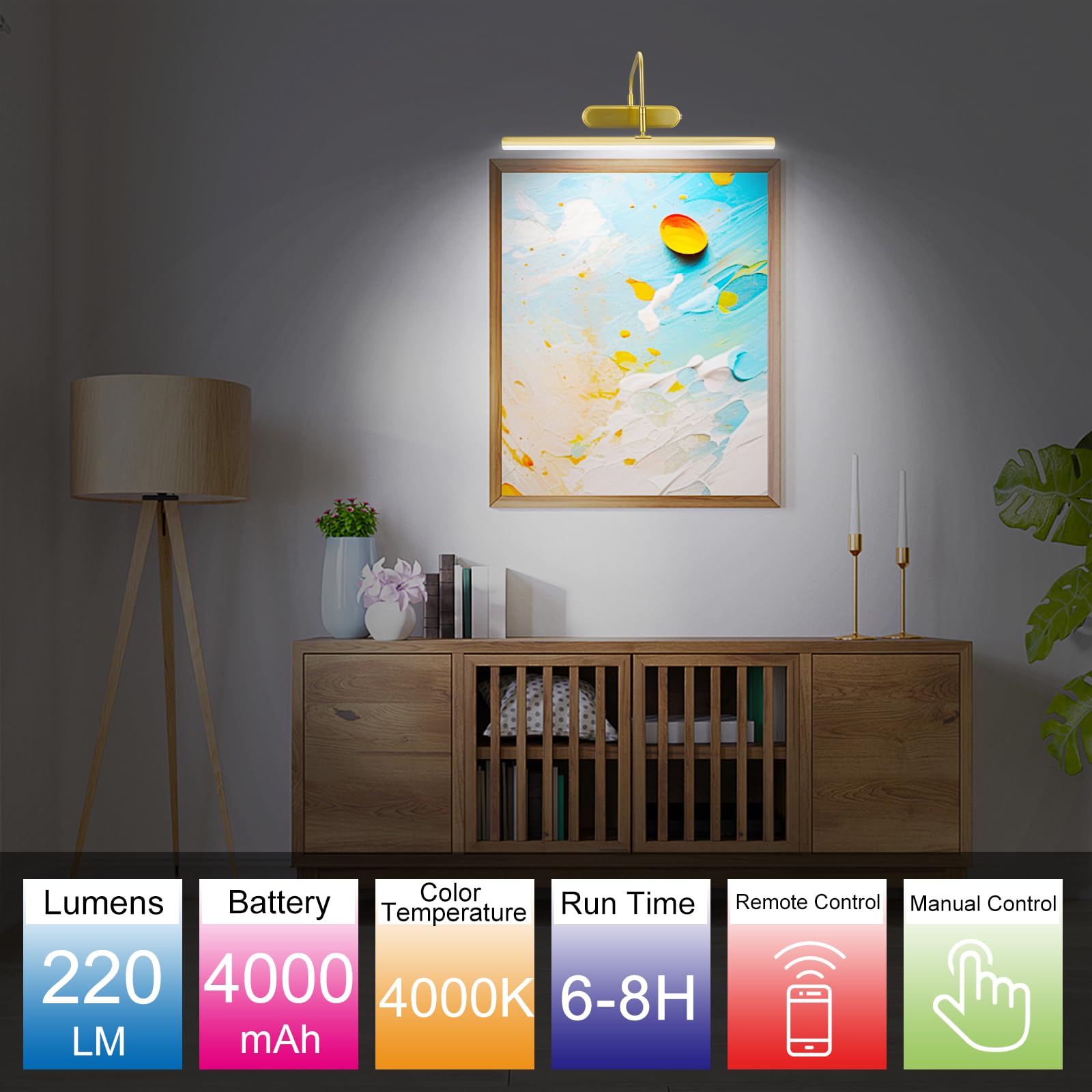 Raifoolly Picture Light,Wireless Art Lights For Paintings,15.9'' Battery Operated Wall Lights,Remote Accent Lighting With Timer