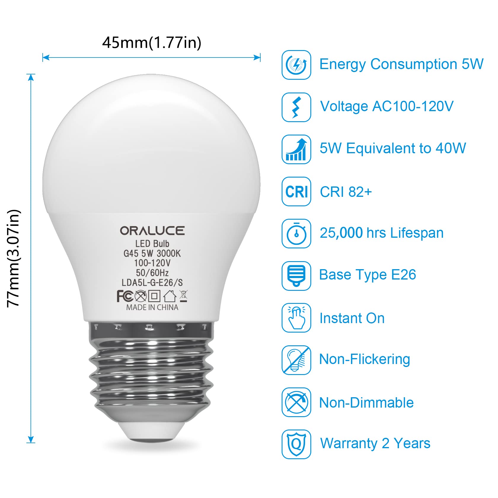 Oraluce A15 Light Bulbs 40 Watt Warm White 3000K, Small Led Light Bulb 5 Watt, G45 E26 Medium Base Lightbulb 450 Lumen For Appli