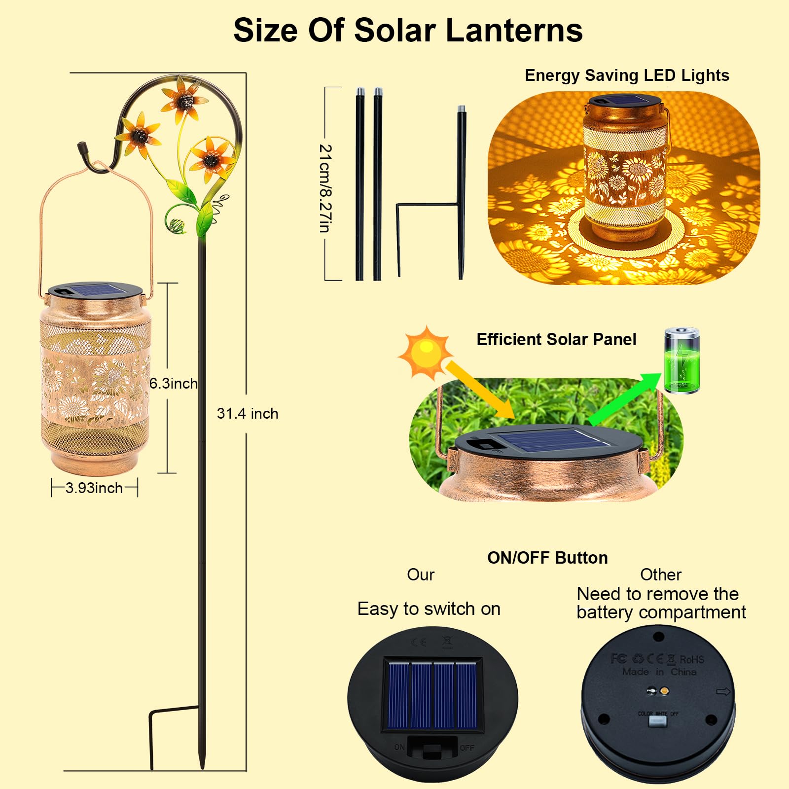 Solar Lanterns Outdoor Waterproof With Shepherd Hook, Sunflower Birthday Gifts For Women Mom Grandma, Metal Solar Hanging Lights