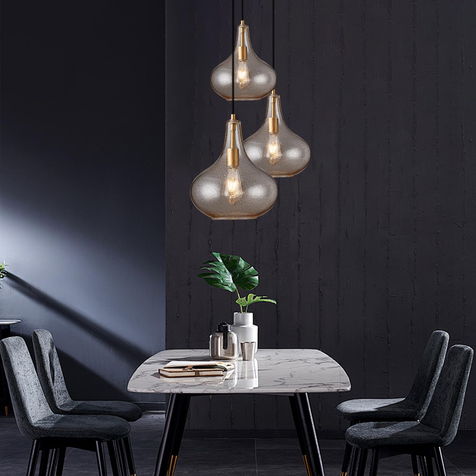 Catiner Handcrafted 11-Inch Mid-Century Modern Brass Gold Pendant Light With Seeded Glass Shade - Elegant Dining Room Pendant Li