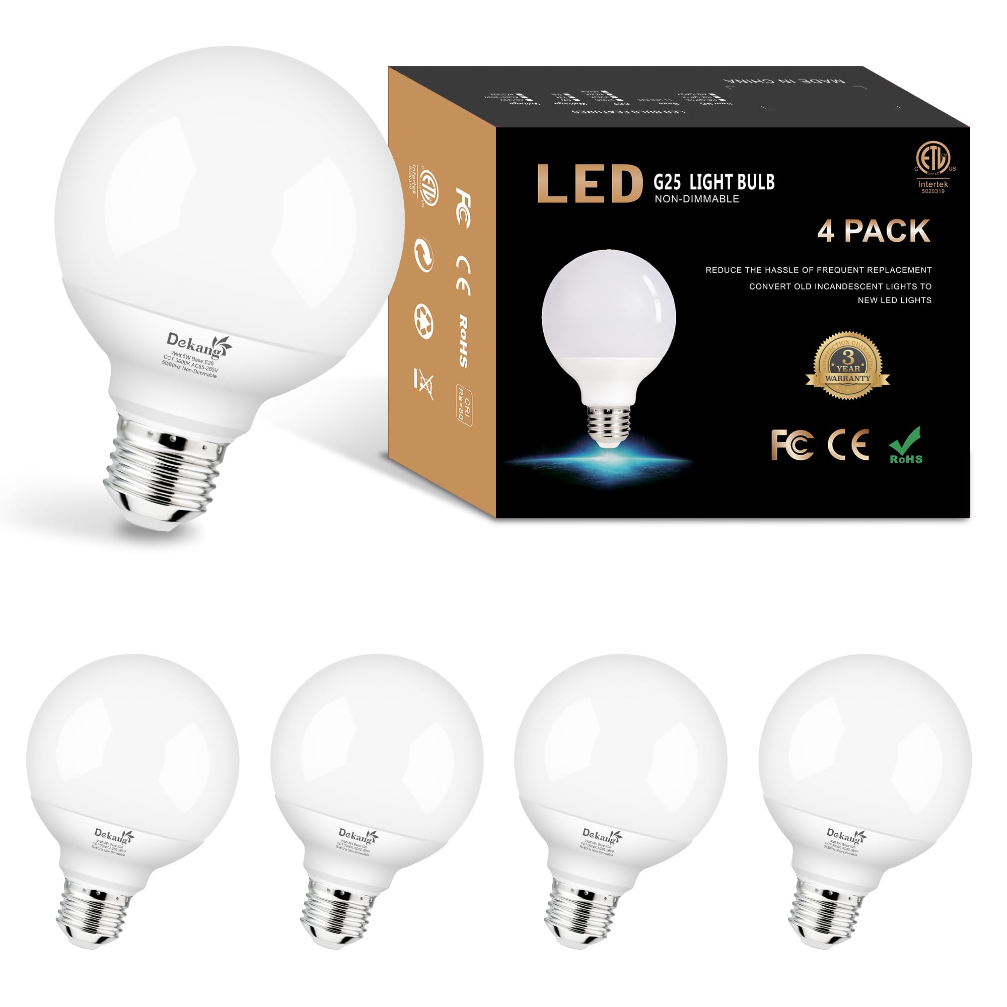 Dekang 4 Pack G25 Led Globe Light Bulbs For Bathroom 3000K Soft White, E26 Base Vanity Light Bulbs 60W Incandescent Equivalent, 
