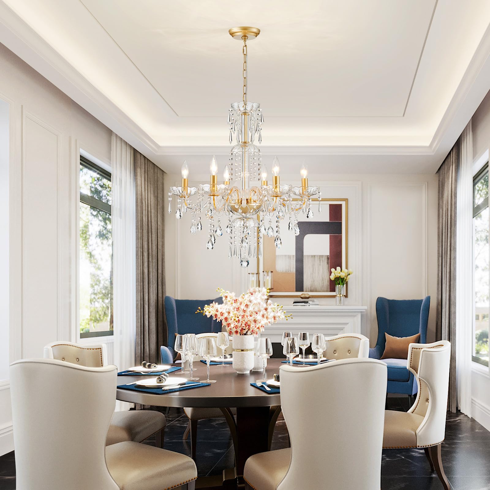 Wuzups 6-Light Crystal Candle Chandelier Pendant Ceiling Light Modern Lighting Fixture For Bedroom Hallway Bar Kitchen Bathroom  H 25.6 W 24.4  E12 Base  Gold