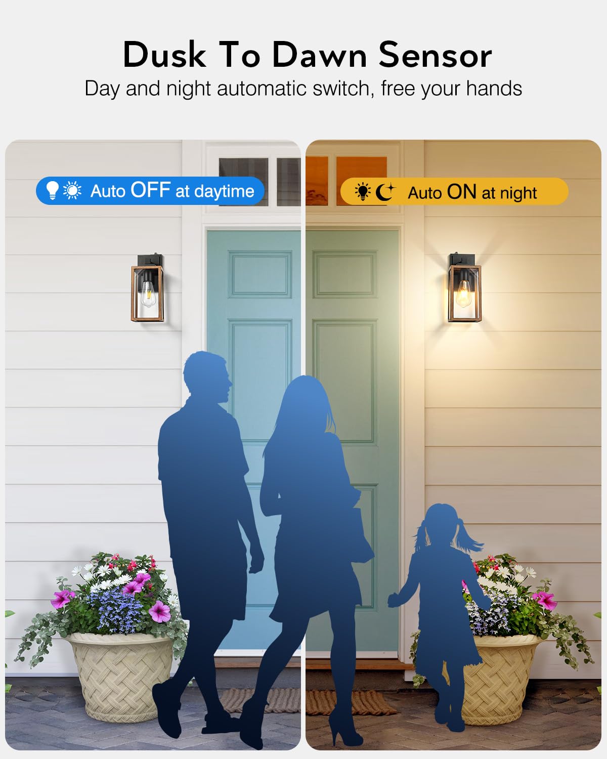 Vianis 2 Packs Garage Light Outdoor, Dusk To Dawn Outside Wall Lights Fixture For House, Wood Grain Coach Lantern With Toughened