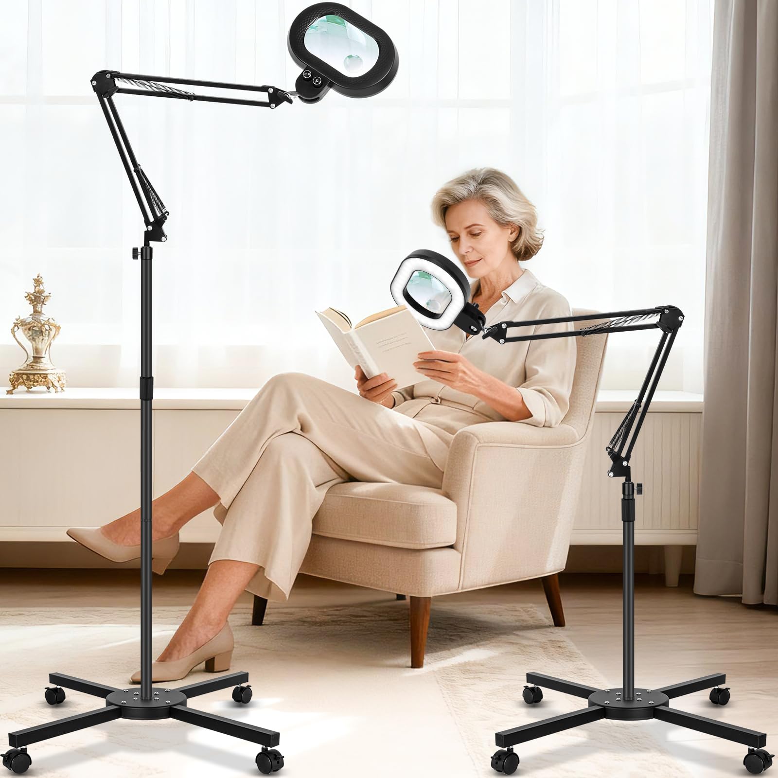 KIRKAS 12X 30X Large Floor Magnifying Glass with Light and Stand, Infinite Color Dimmable 2 in 1 Lighted Magnifier lamp for Clos
