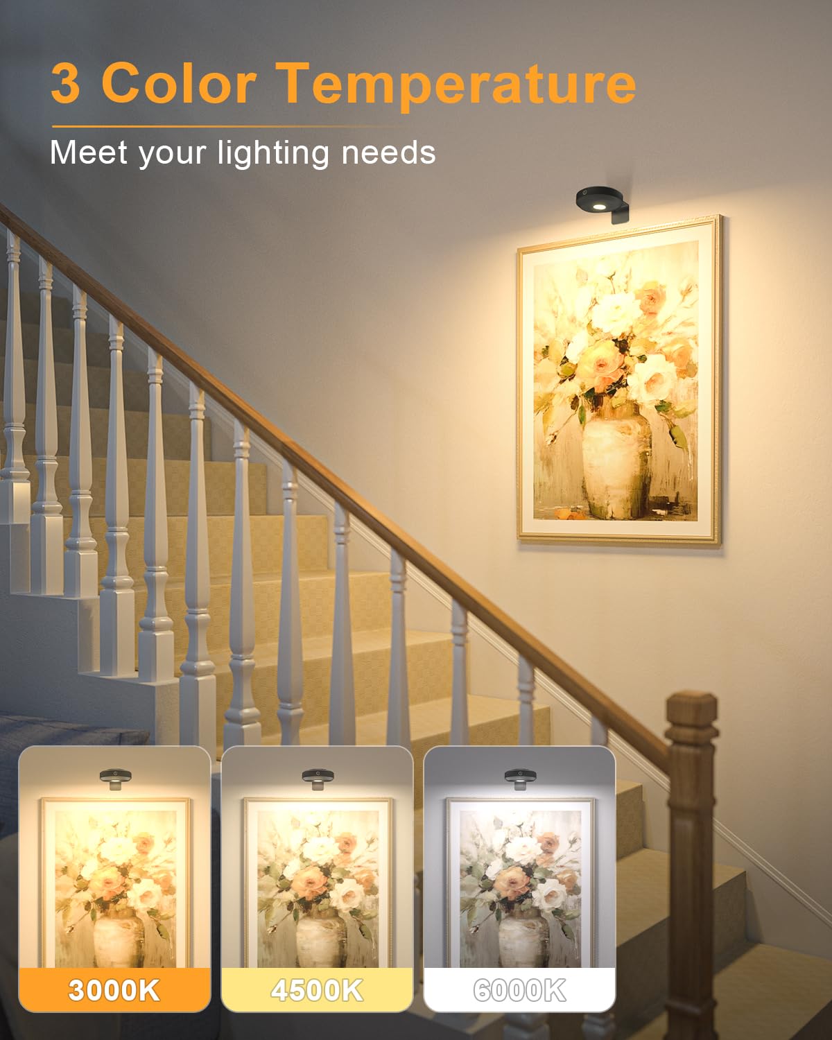 WILLED Picture Lights - Wireless Battery Operated Art Lighting, Dimmable, Remote Control, Black, Model WUS-046, Wide Beam, 3000K-6000K