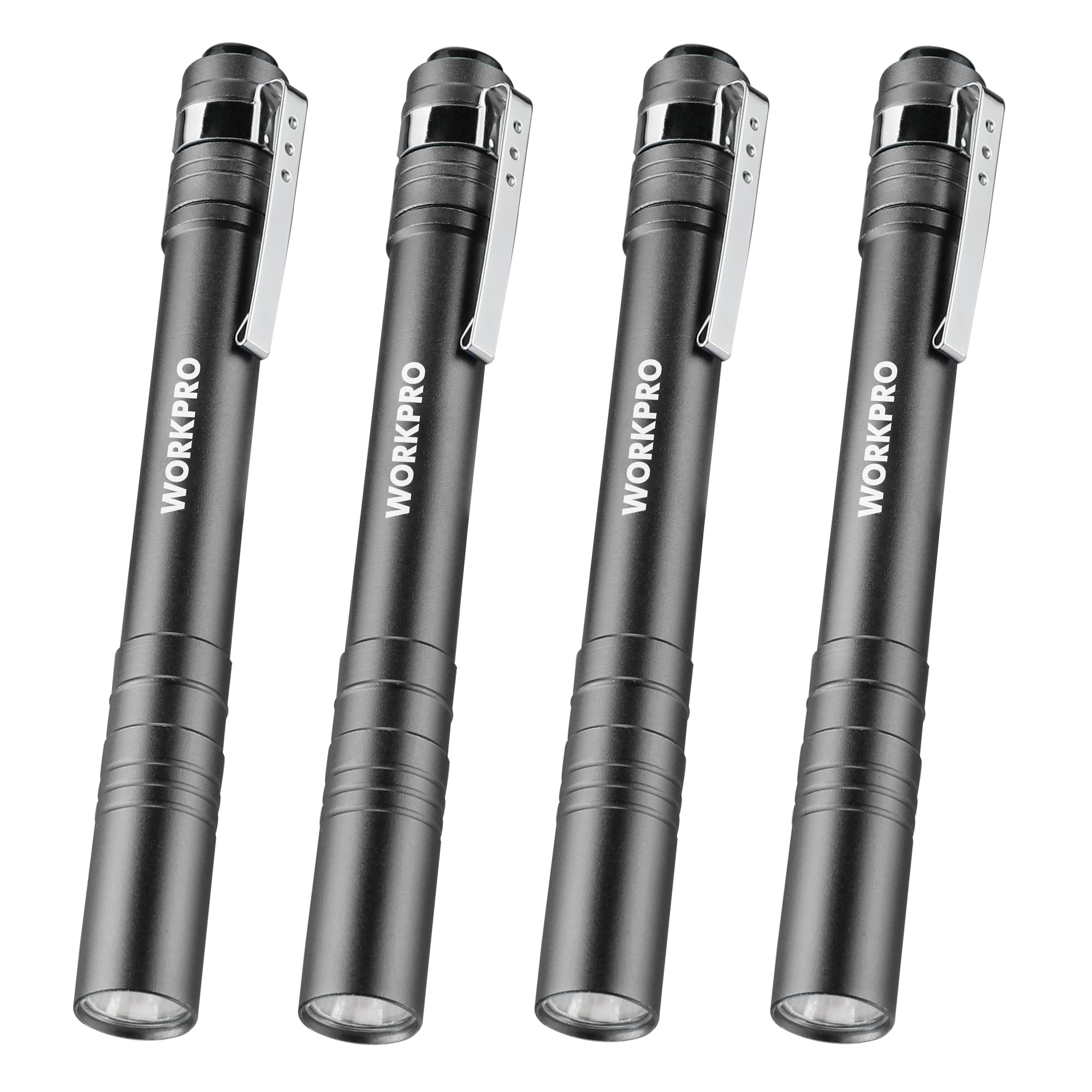WORKPRO LED Pen Light, Aluminum Flashlight, 4-Pack, Gray, Model W139012, Pocket Size, Includes 2AAA Batteries