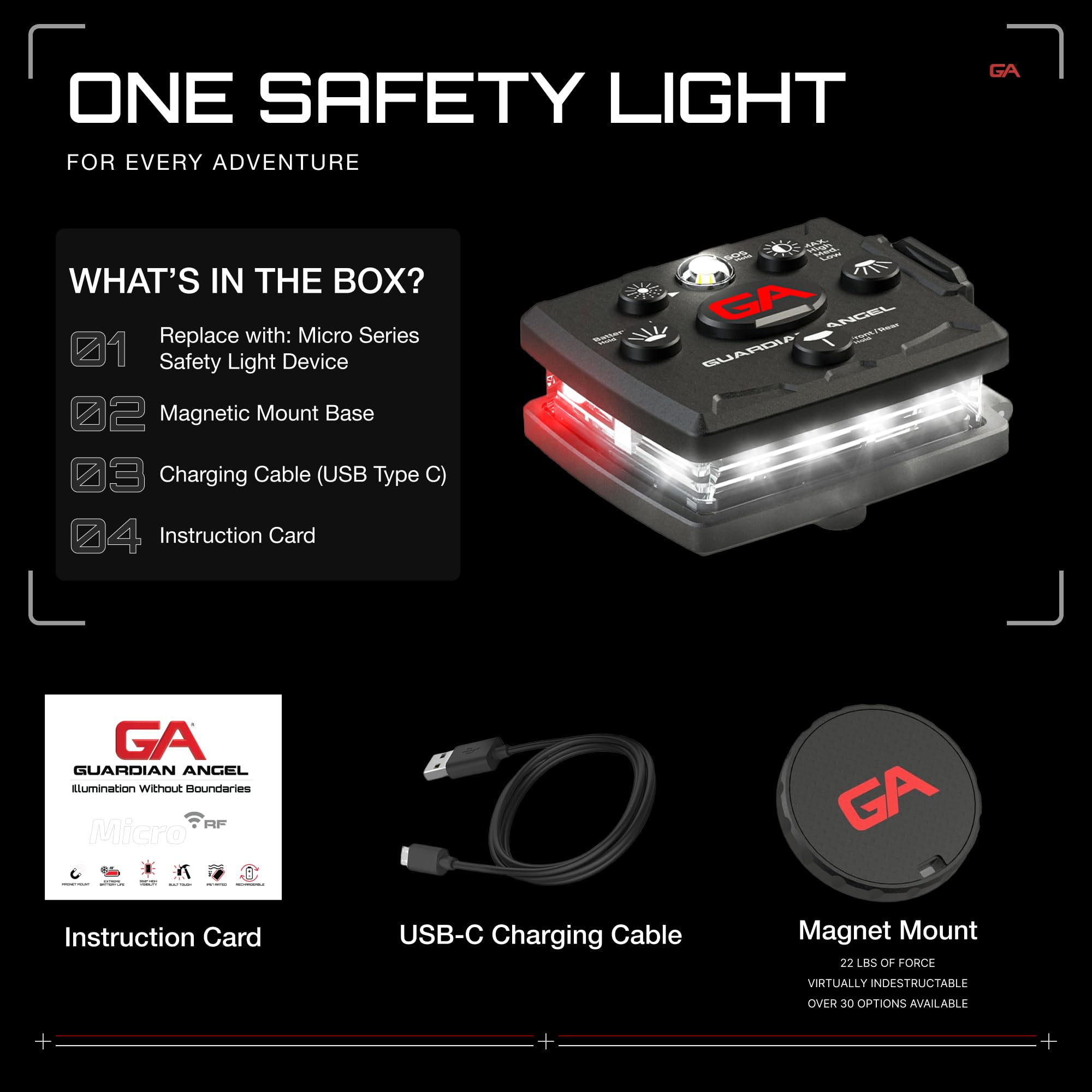 Guardian Angel Micro Series Safety Lights, (All White Front & Red Rear) | Rechargeable, Magnetic & Hands-Free Wearable LED Flash