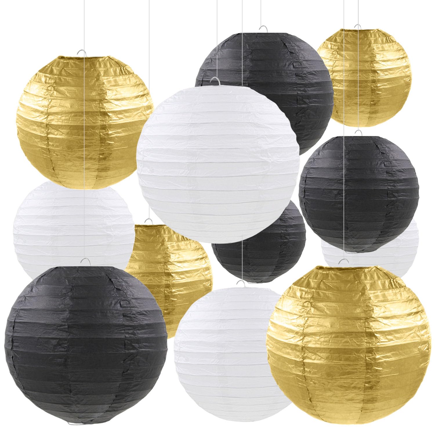 12 Pcs Black Gold White Paper Lanterns Black Gold Hanging Paper Lanterns for New Year Wedding Graduation Anniversary Birthday Pa