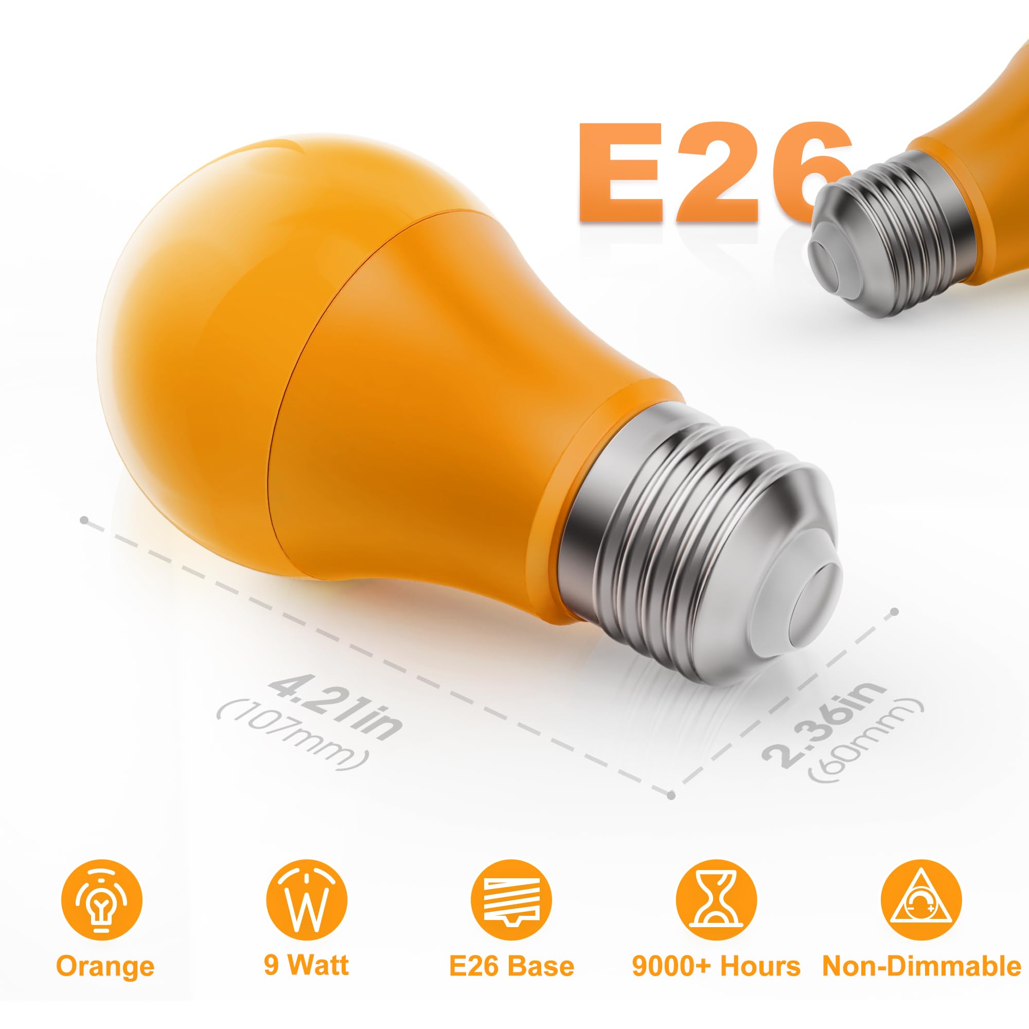 Briignite Orange Light Bulbs [2 Pack], A19 Led Orange Bulb Outdoor Halloween Light Bulb, 9W (60 Watt Equivalent) - E26 Colored L