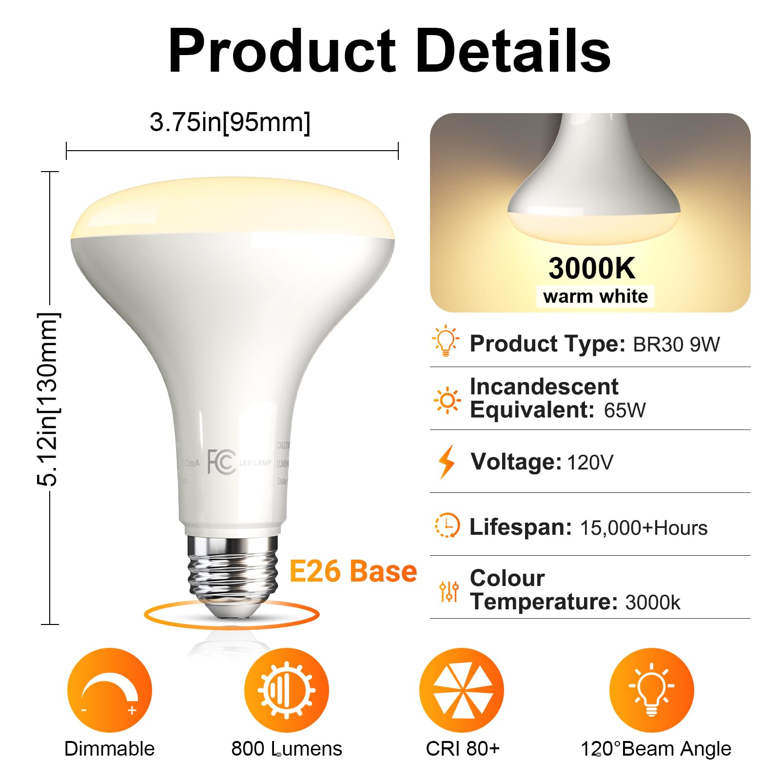 Tjoy 24 Pack Br30 Led Bulb 65W Equivalent, Dimmable Flood Light Bulbs Indoor, E26 Base, 3000K Warm White, 9W, 800 Lm, Recessed L
