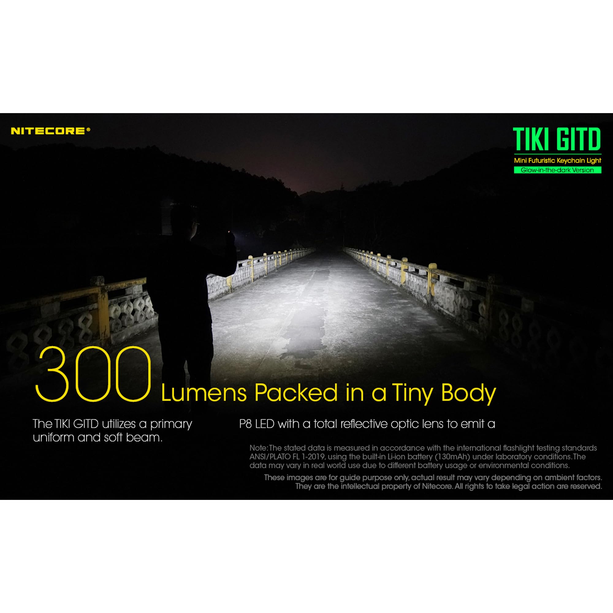Nitecore Tiki GITD Green Keychain Flashlight - 300 Lumen USB Rechargeable with UV & High CRI Light
