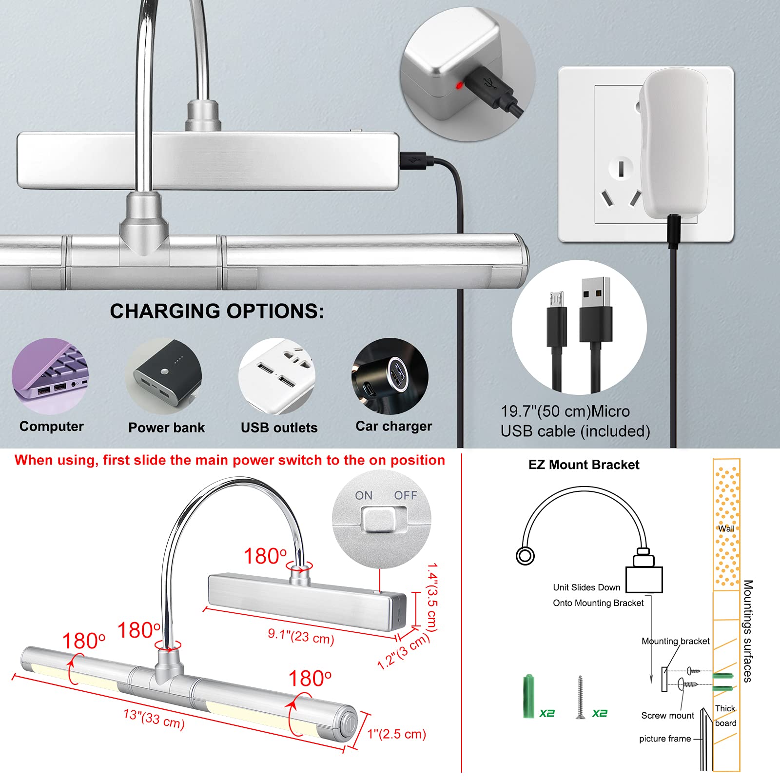 Luxsway Wireless Picture Lights For Paintings,Rechargeable Battery Art Display Light With Remote Control,Dimmable And Timer Off