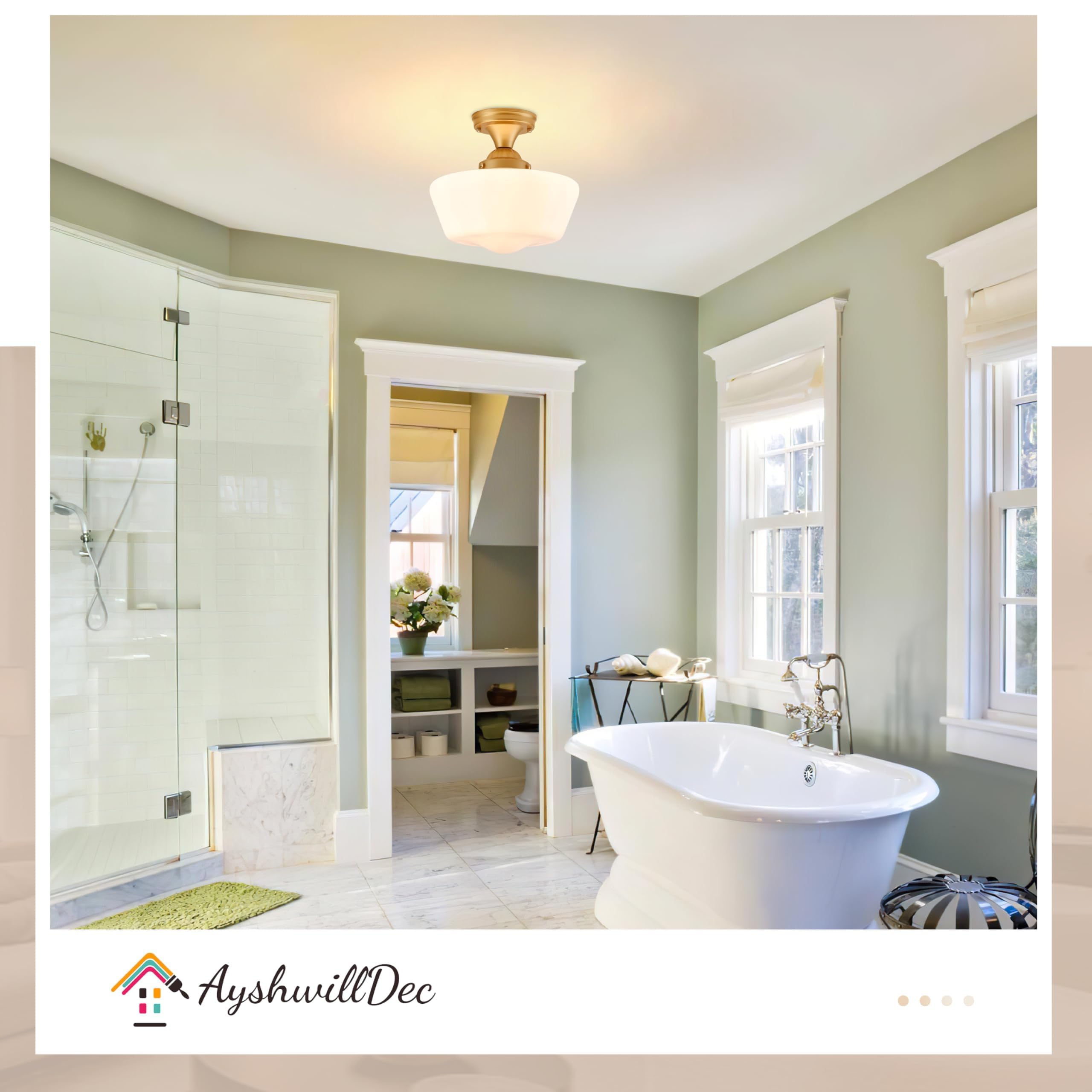 Ayshwilldec Brass Schoolhouse Light Fixture 12'' Mid Century Light Fixture Milk Glass Light Fixture School House Light Fixtures