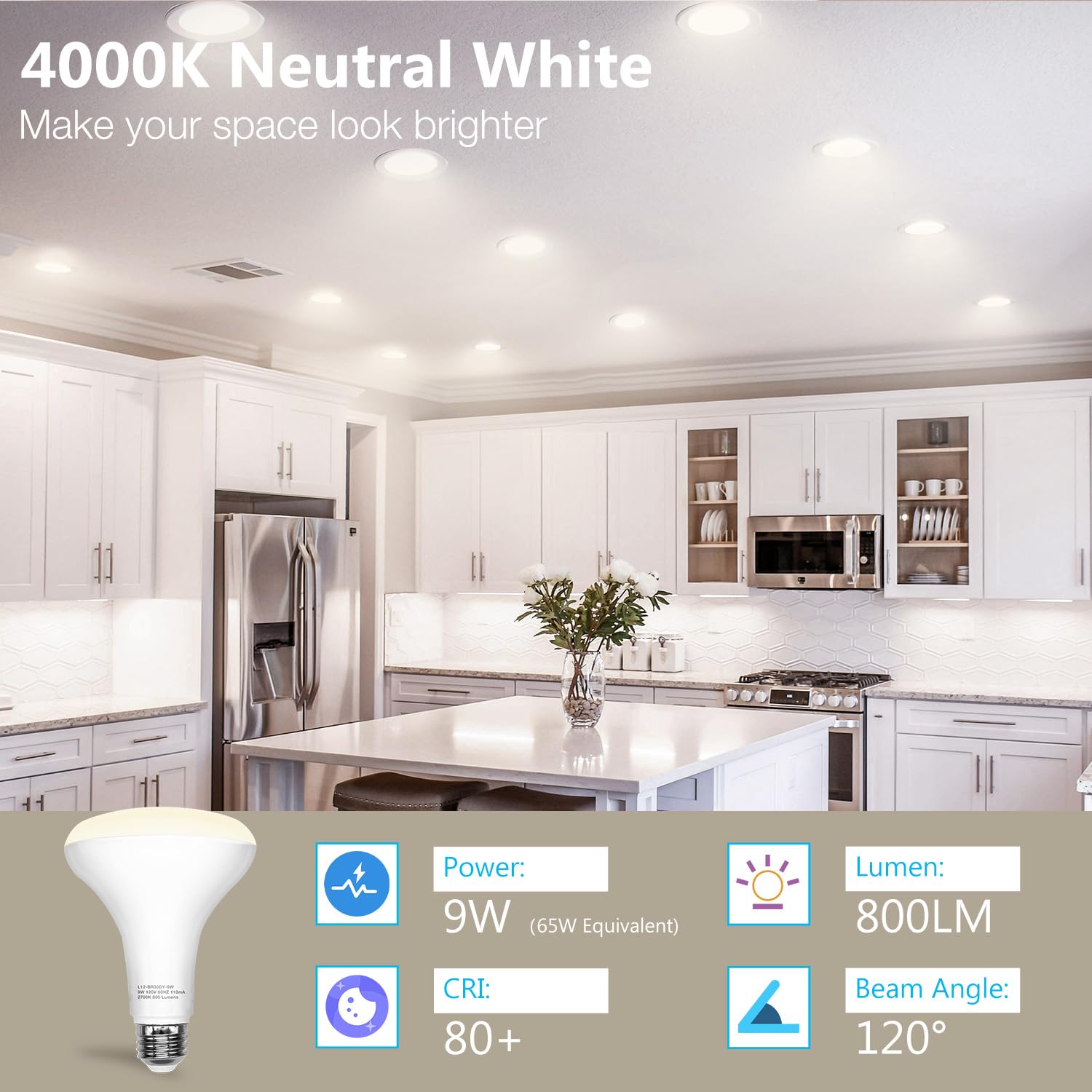 Daybetter 24Pack Br30 Led Bulb 65W Equivalent, Dimmable Flood Light Bulbs Indoor, E26 Base, 4000K Neutral White, 9W, 800 Lm, Rec