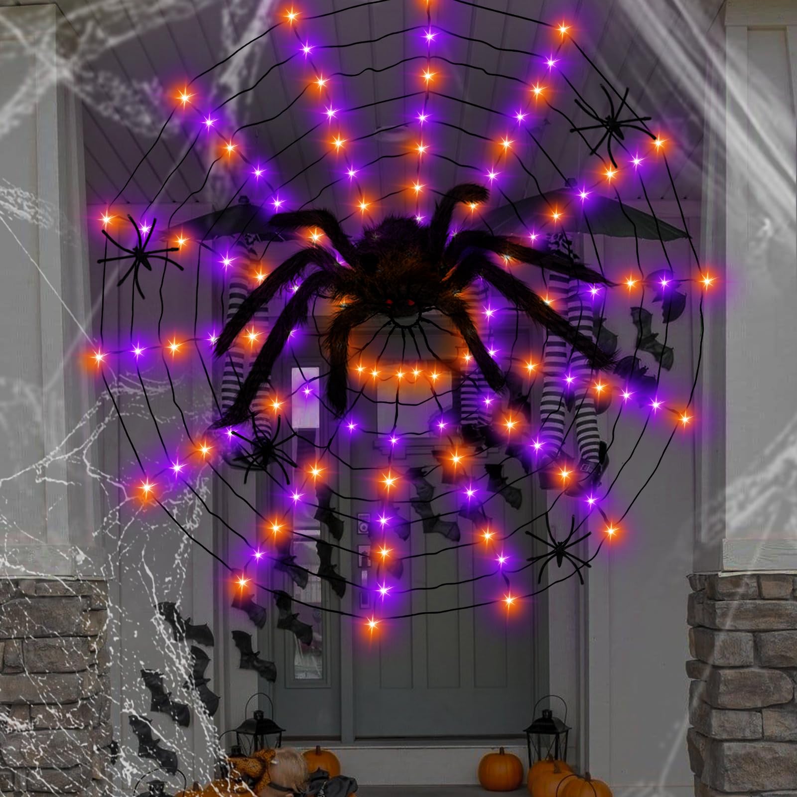 Anycosy Spider Web Lights - 80 LED, 4.3FT, Remote Control, 8 Modes, Orange & Purple, Model FT4-N80OP30