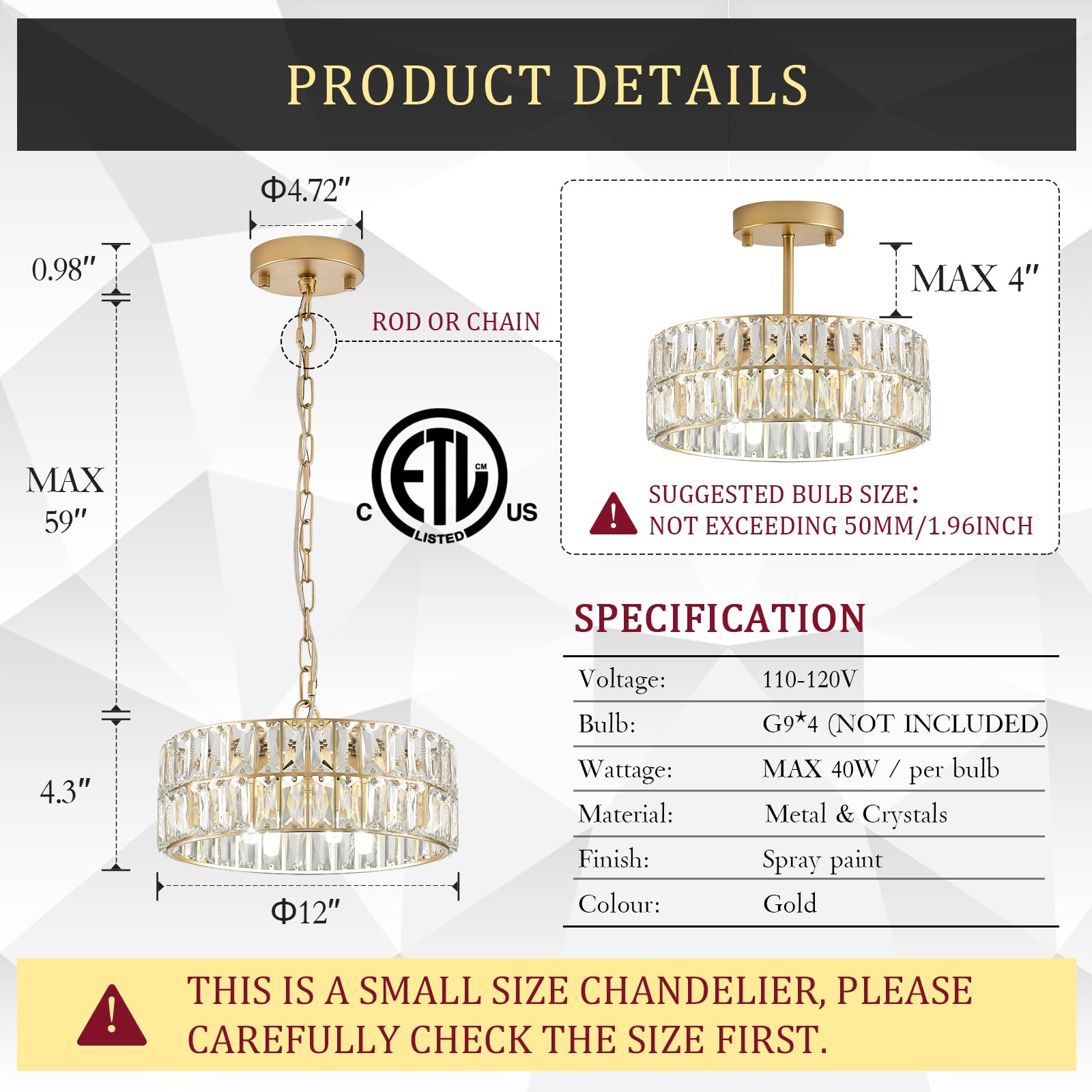 CATINER Gold Crystal Semi Flush Mount Chandelier, 4-Light Drum Pendant Light, 12" for Foyer, Kitchen, Dining Room, Model C80-4G1