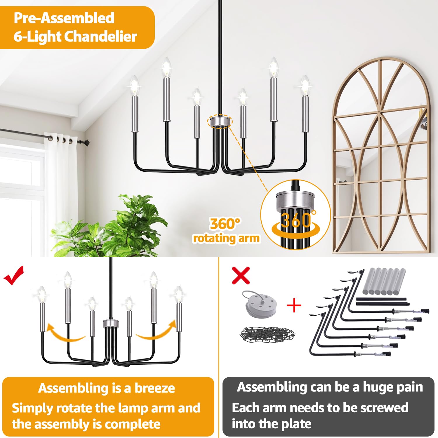 Lynnoland 6-Light Industrial Chandelier, Black and Silver Metal Lighting Fixture for Dining Room, Kitchen, Living Room, Model L220028P6