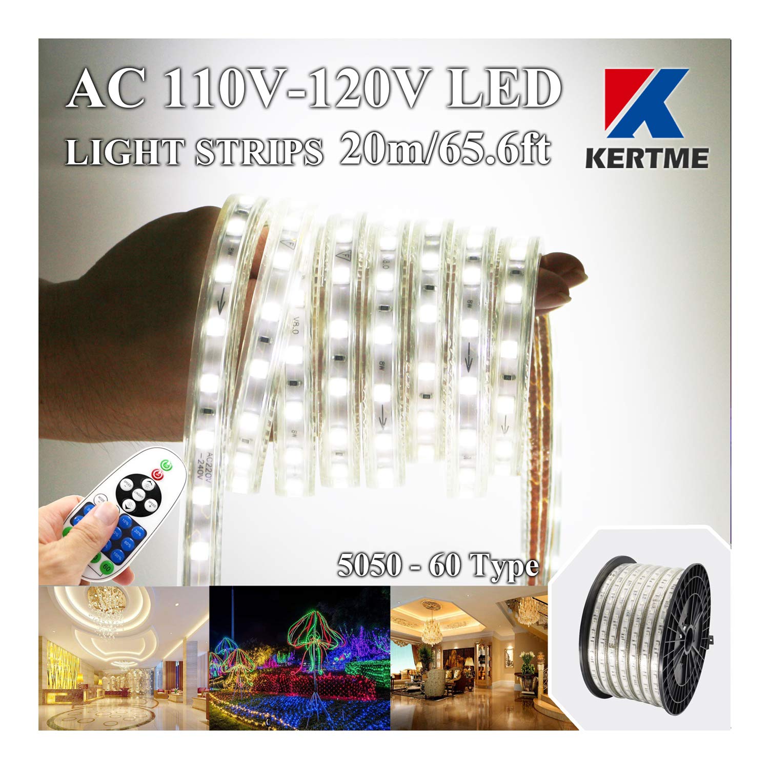 Kertme 5050 Led Strip Lights, 20M Waterproof Dimmable Rope Light, White 6000K With Remote For Home/Garden Decoration