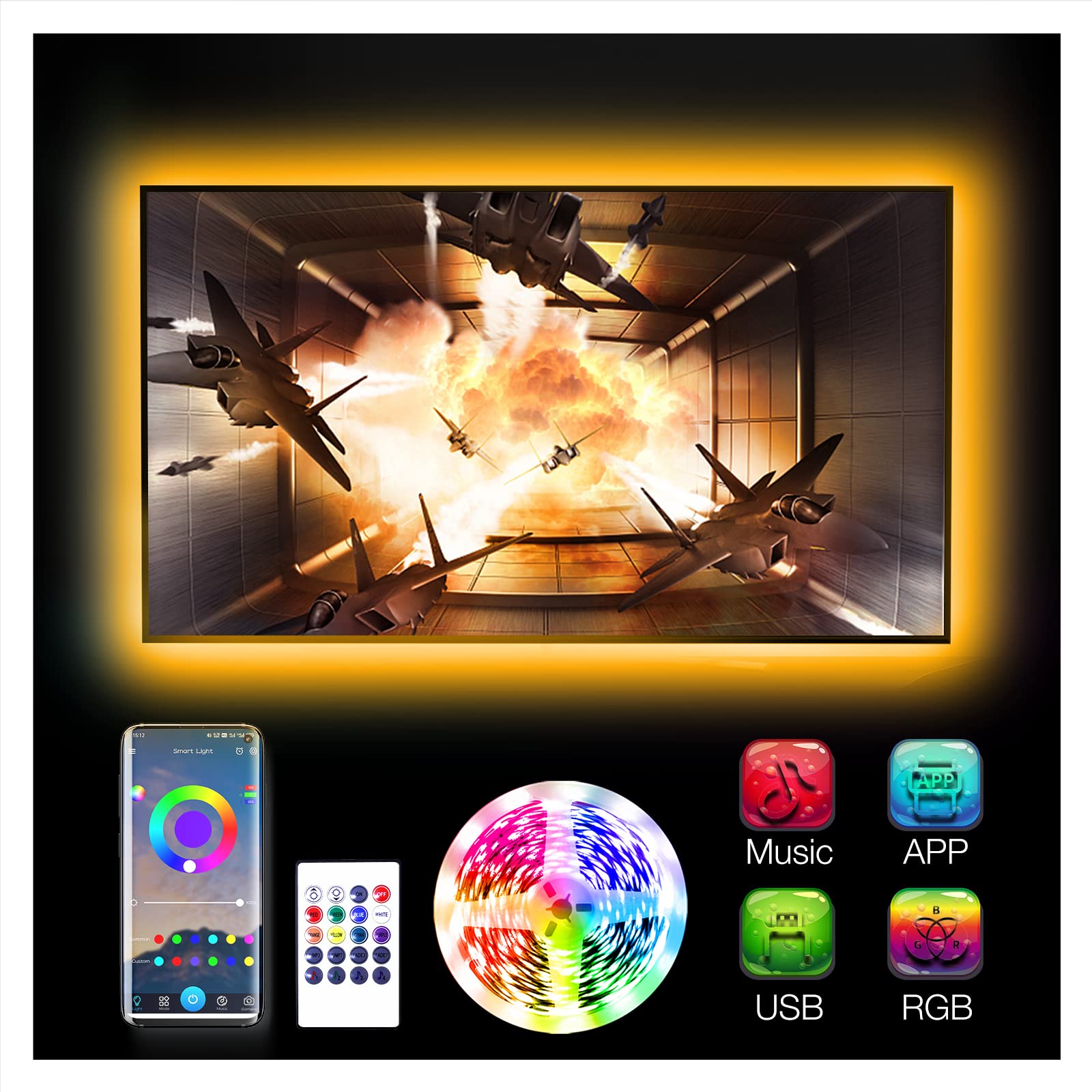 Volivo Led Lights For Tv Led Backlight 15Ft, Bluetooth Led Strip Lights For 65-75 Inch Tv Behind With Remote Control, Usb Rgb Color Changing Music Sync Tv Led Light Diy Home Decor