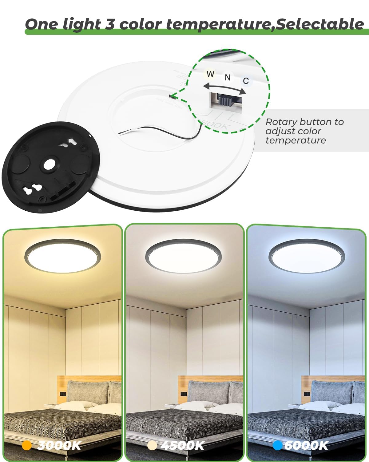 Zemty 2Pack 16.5 Inch Led Flush Mount Light, 36W 4200Lm Super Slim Ceiling Light Fixtures, 3000K/4500K/6500K Selectable Ceiling
