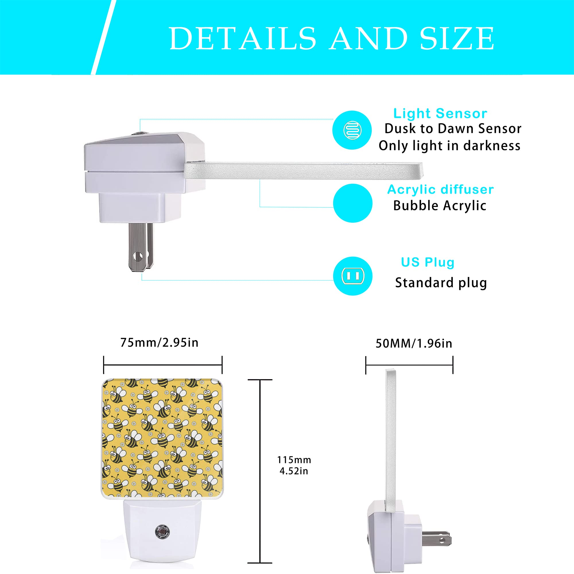 Oeaskly Bee Night Light,Cute Cartoon Bees Plug-In Night Lights With Dusk-To-Dawn Sensor For Bedroom, Bathroom And Living Room Sl