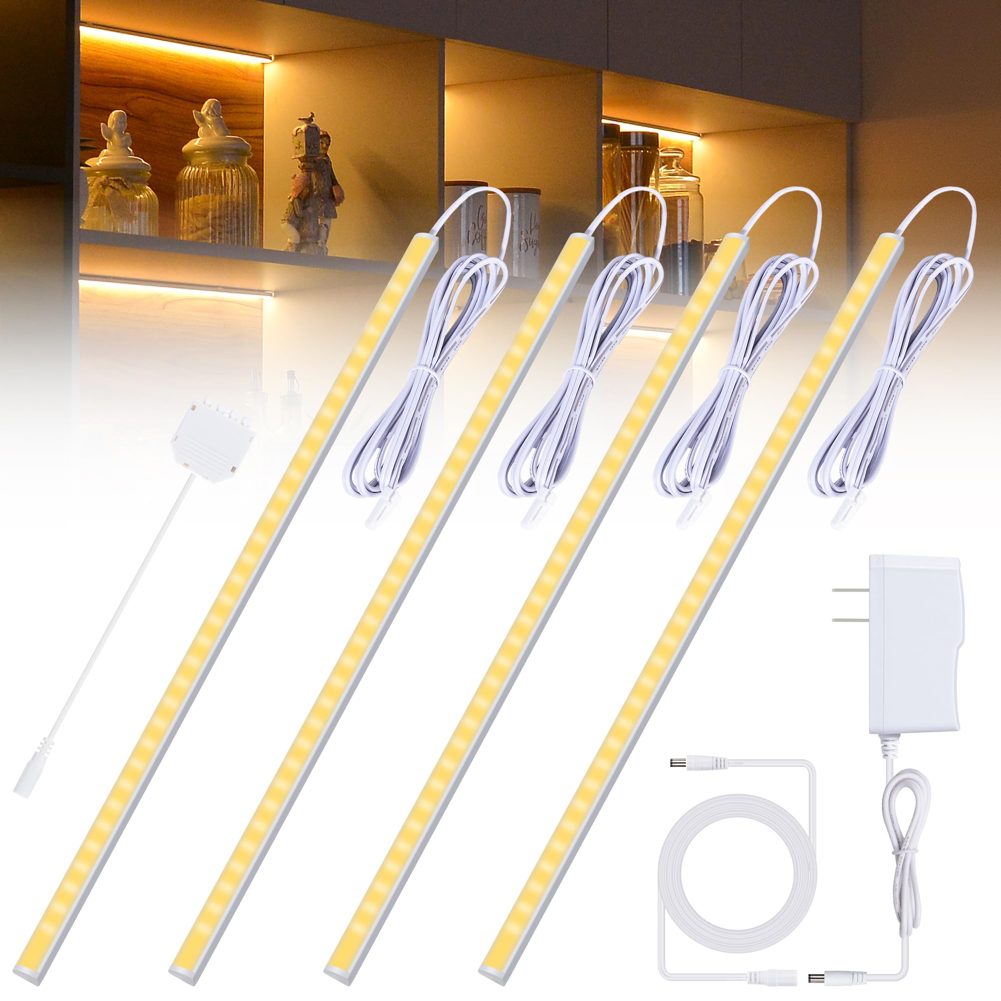 JUSJUBR LED Shelf Lighting, Dimmable with Memory Function, 4x12 inch, Warm White 3000K, Aluminum, for Display Cases and Closets